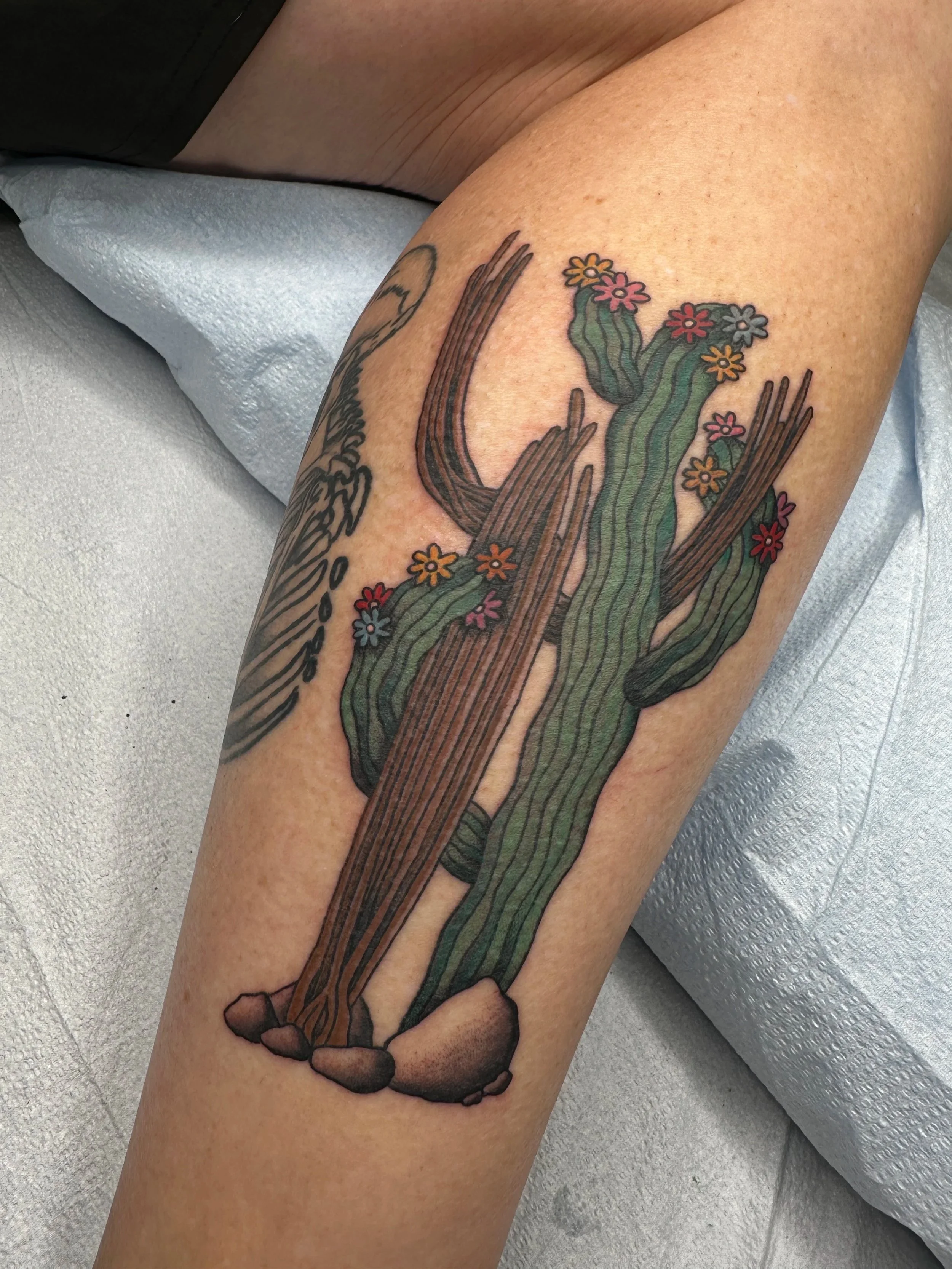 A perfect Tucson tattoo. I you’ve seem the amazing Saguaro cacti, you know there are always some cactus skeletons being held up by strong living Saguaros. This was based on a photo my client took while she was hiking in Saguaro National Park.
