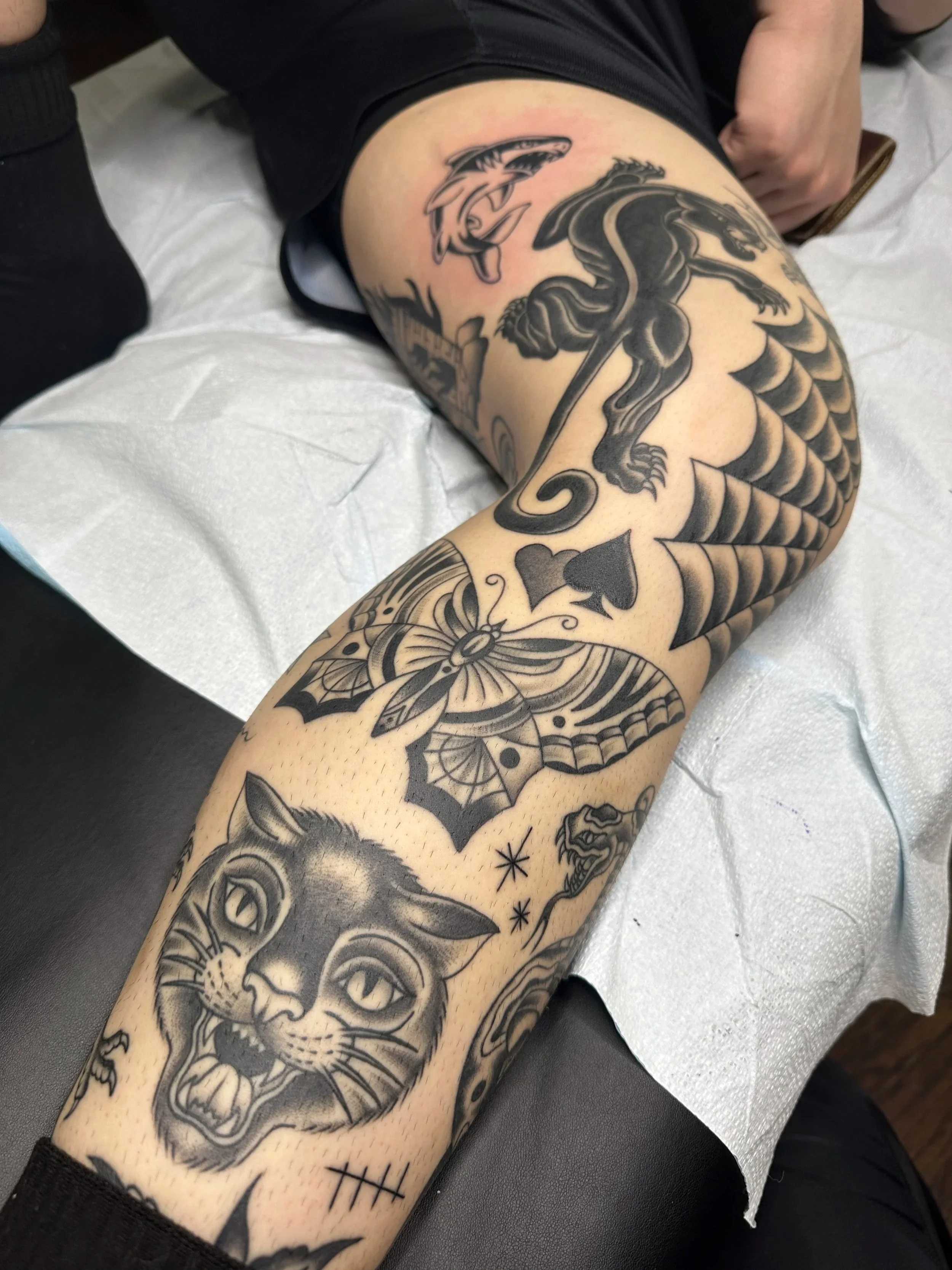 Here’s the guy! Look at his whole leg. It’s insane. We’ve got a panther, a cat face, butterfly from some flash my friend made for me that was on my wall at the shop. Shark, knee web. I mean he’s got the whole bag of tricks!