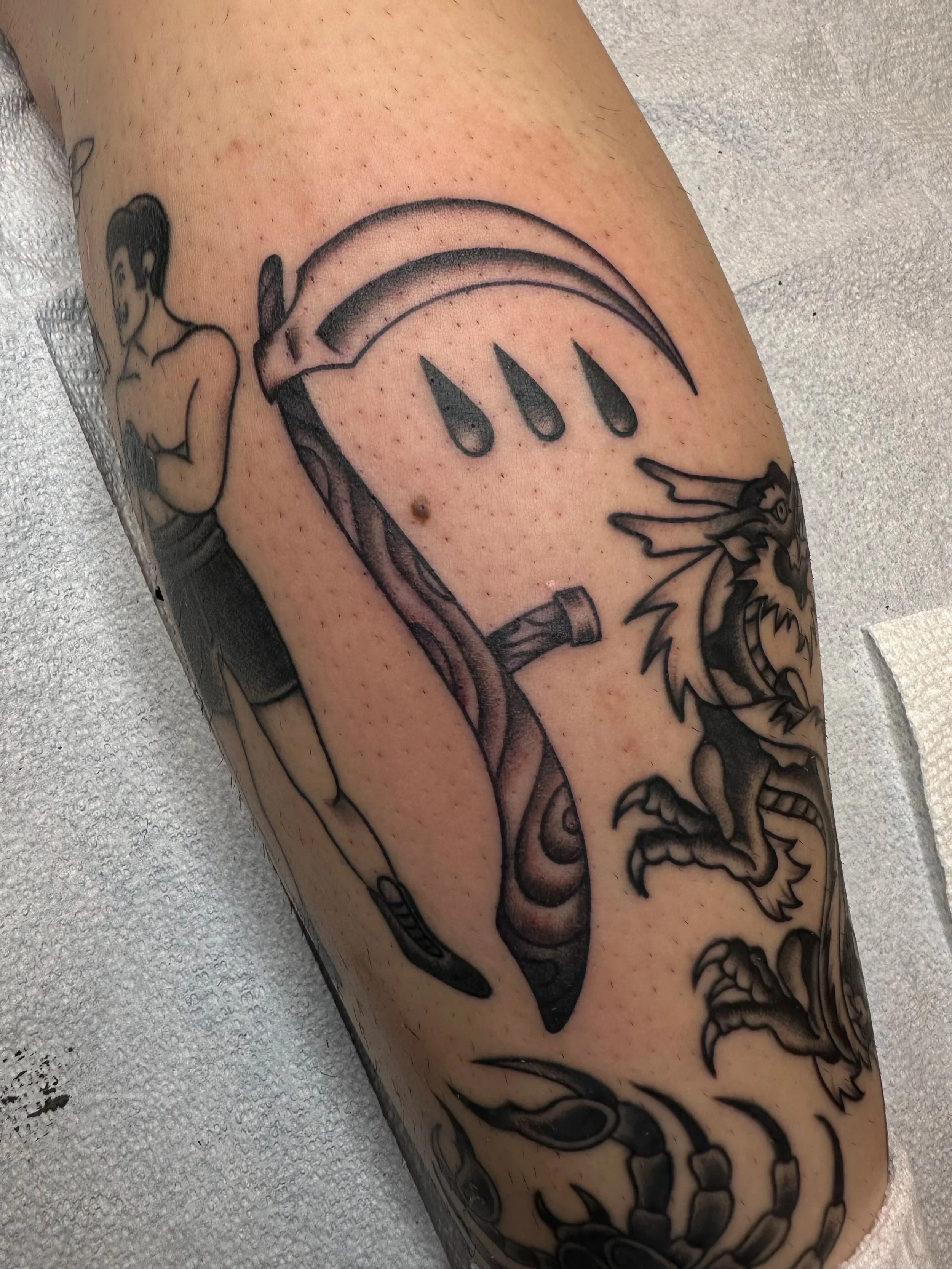 Classic scythe for my good client who finished his whole leg in a month. I wonder where he is now? All I know is that he’s running around with a whole ass awesome leg that I made all fo the tattoos for.