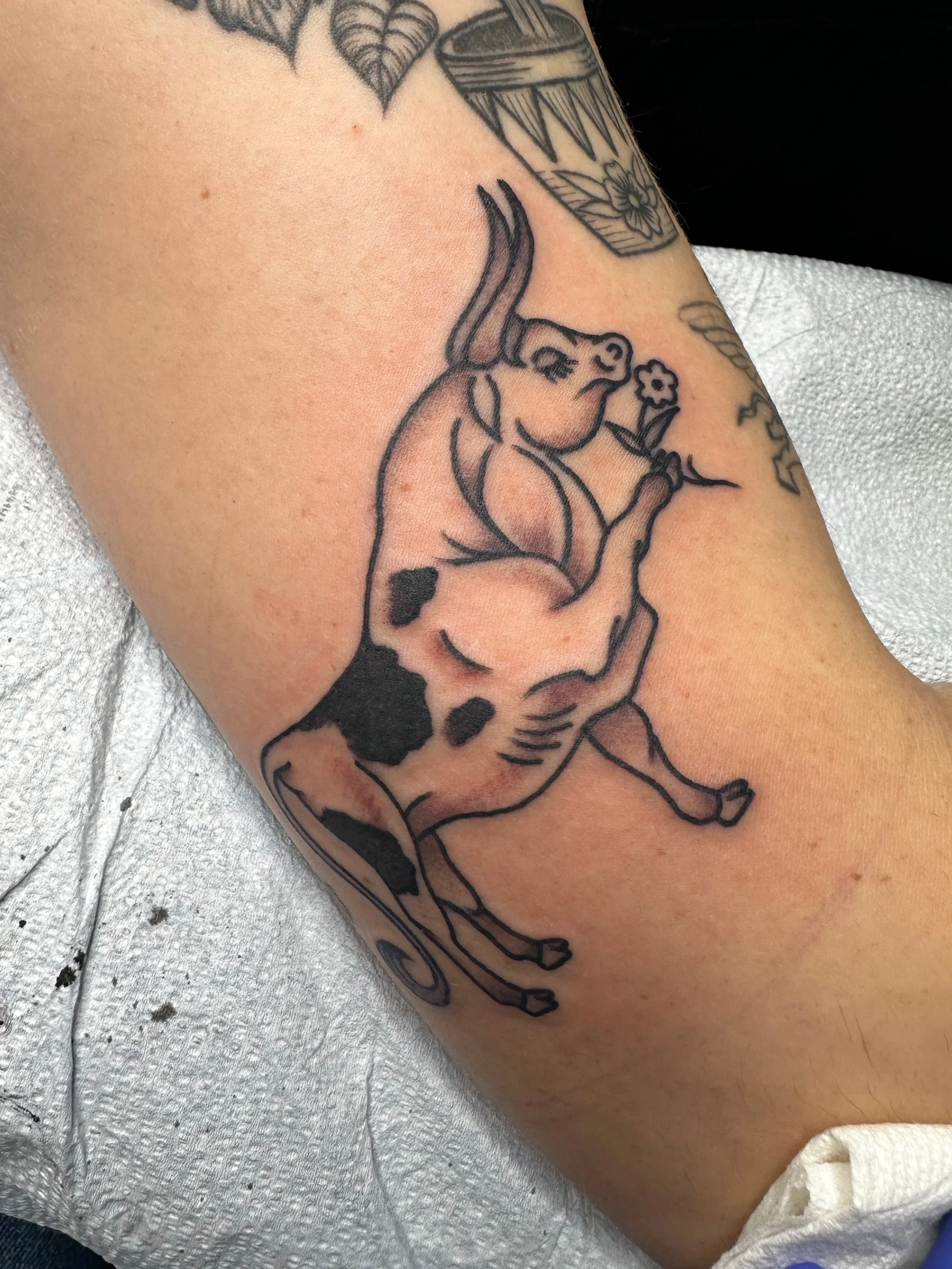 Black and grey Ferdinand the Bull. Have you ever read that book? It’s adorable. I used to be obsessed with Elliott Smith, and he has this tattoo. It was cool to recreate it for my good client.
