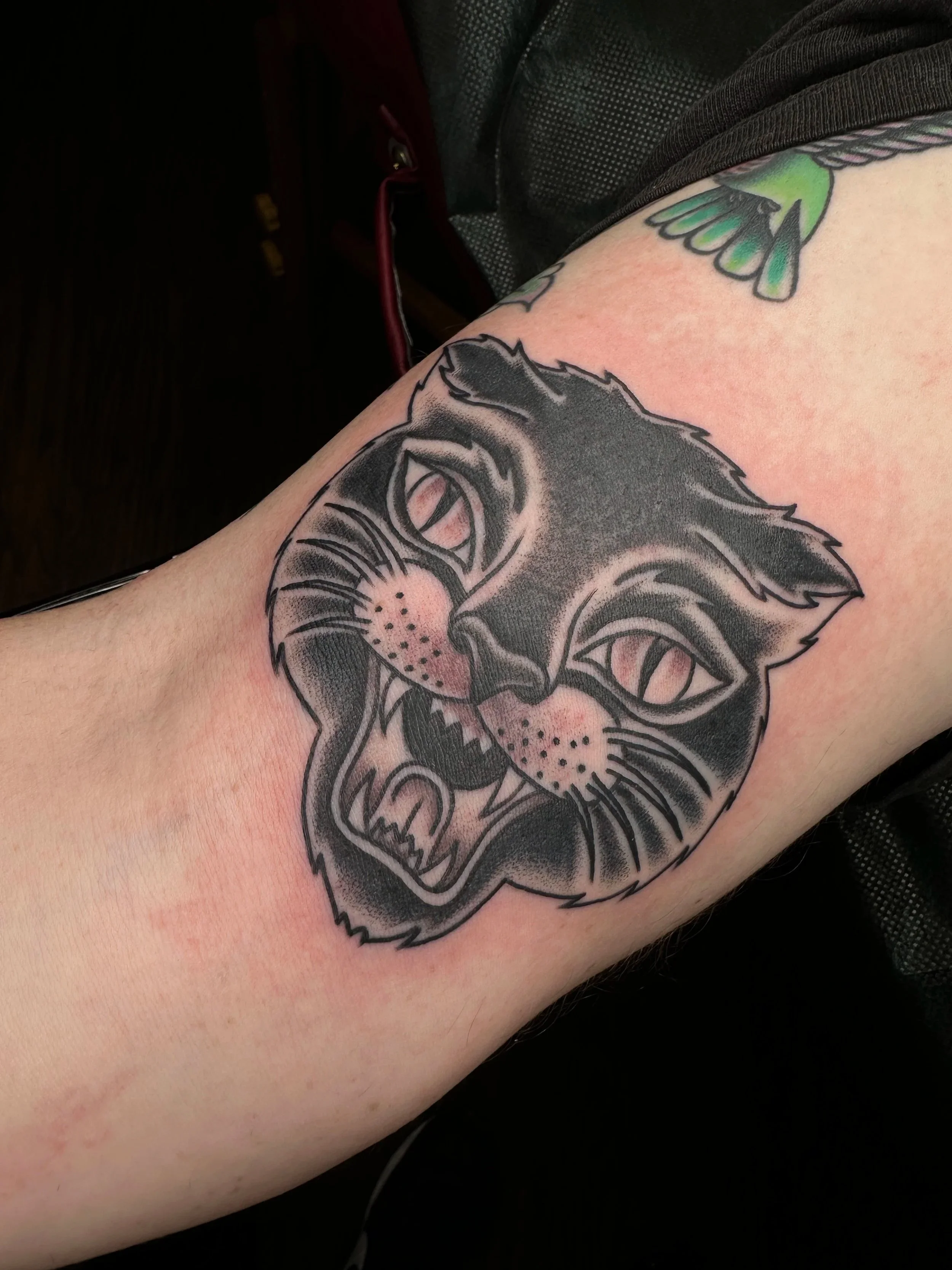 Cool cat head for my client who exclusively gets tattooed by me. We have a long way to go to cover his whole body, but we’re getting there!