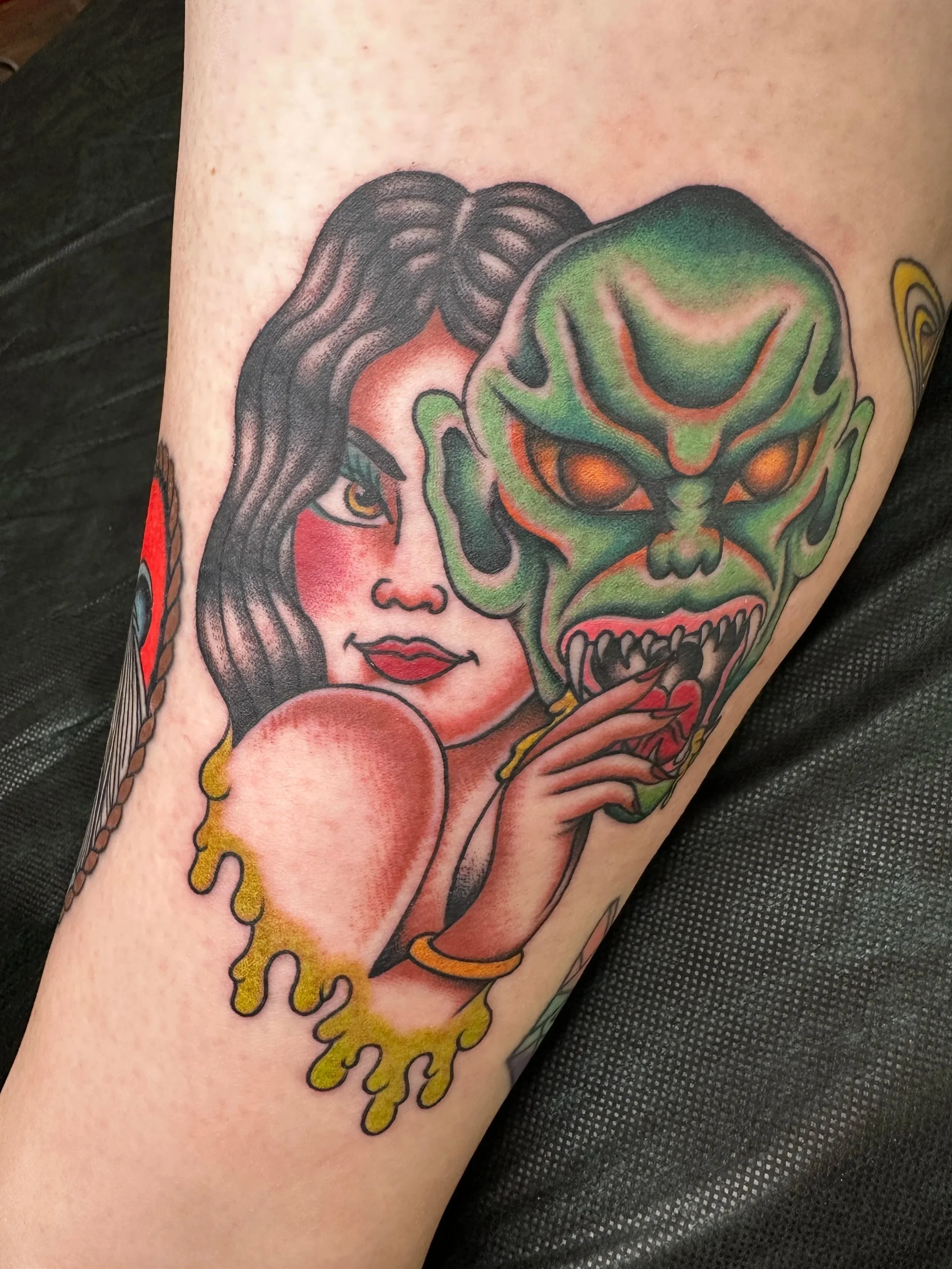 Have you ever read Goosbumps? What an iconic series. This girl has so many girl head tattoos. She didn’t know if it was weird to get only girl heads on her arm and I told her NO WAY. So, she has a sleeve filled with girls. My hero!