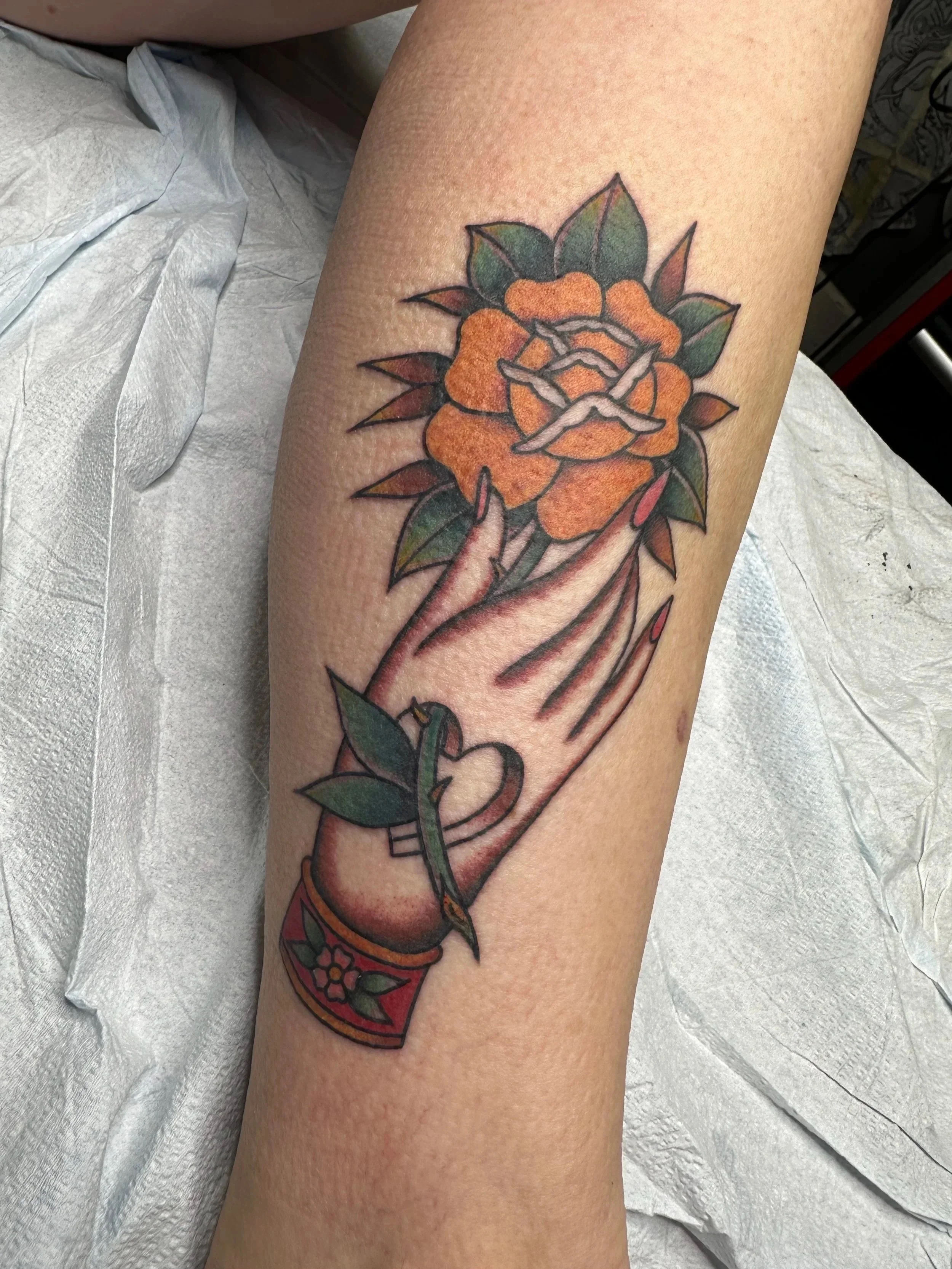 My take on a classic design. This client wanted a heart hole in the hand which I was happy to oblige. It’s cool when I can collaborate with my clients. My ego is very small so I will pretty much tattoo whatever you have in your head. It’s your tattoo