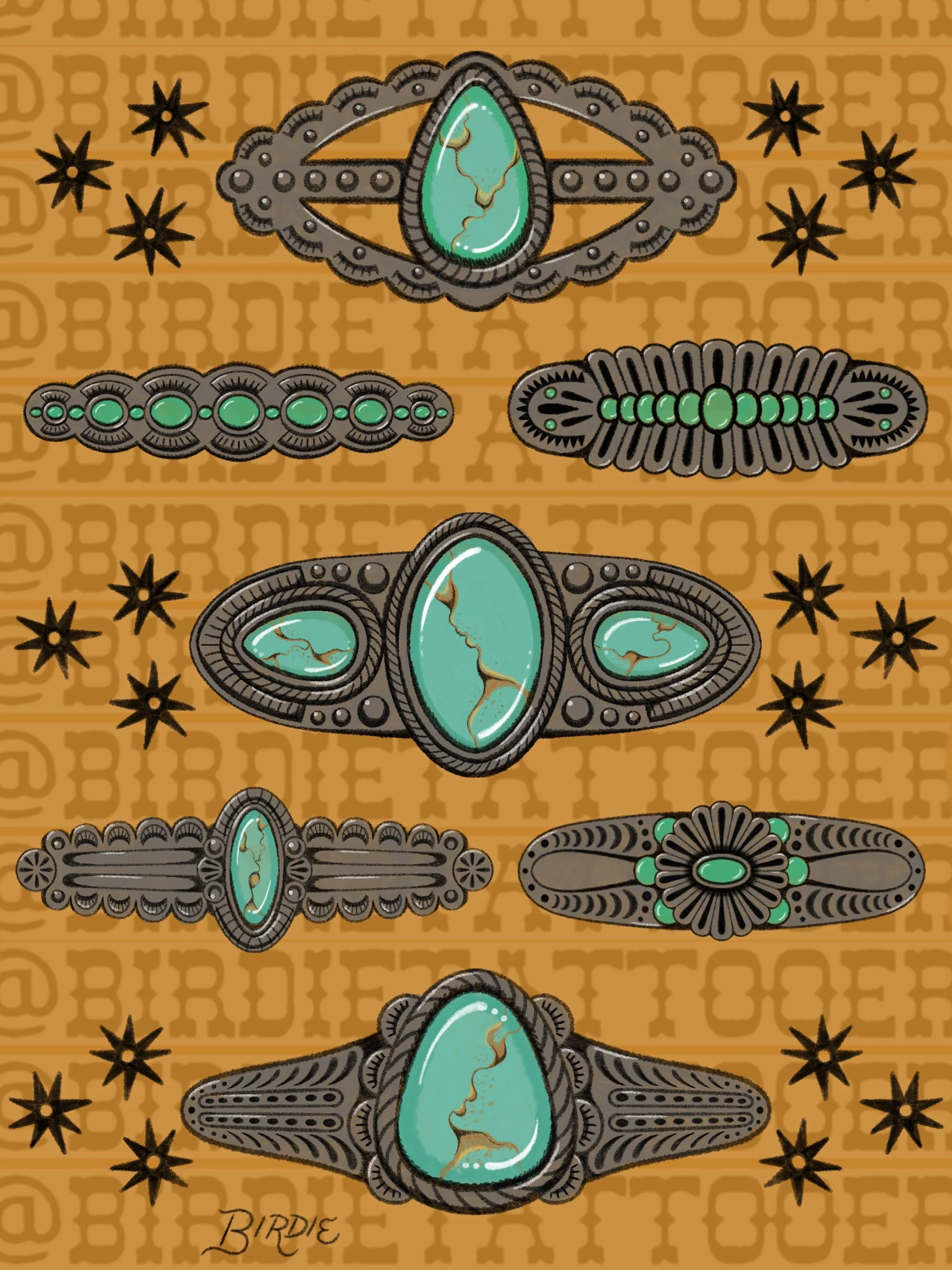 Flash designs of turquoise jewelry for women or men as tattoo design