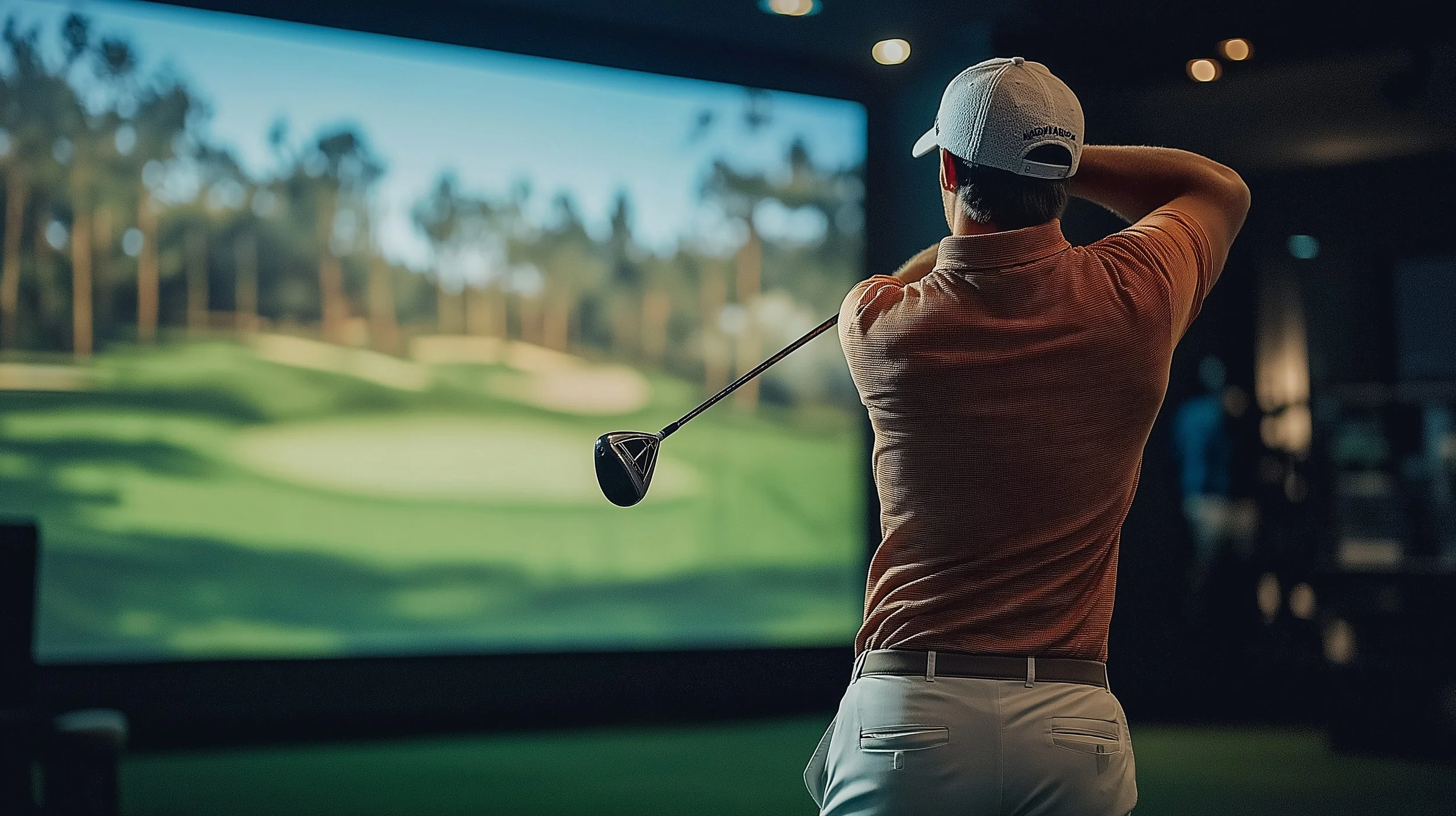 Golfer practicing a drive in an indoor golf simulator, watching ball flight on the screen in front.