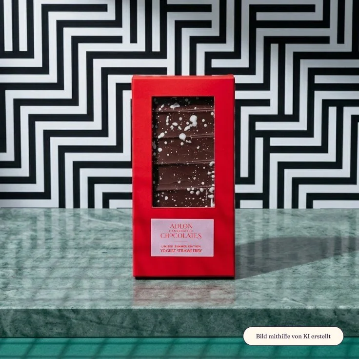 Rote Packung Adlon Chocolates mit Sichtfenster auf gesprenkelte Schokolade, auf grünem Marmor (mit KI erstellt)