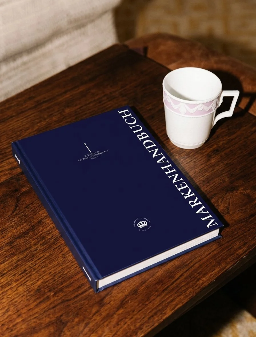 Mit KI erstellt: Auf einem Holztisch steht eine KPM Tasse und daneben liegt ein Buch mit einem blauen Leineneinband mit dem Titel Markenhandbuch. Es ist das Markenhandbuch der Königlichen Porzellan-Manufaktur Berlin.