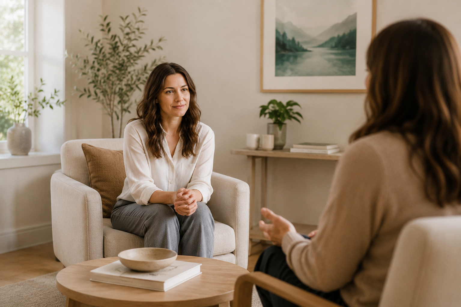 Therapist and client talking during a therapy session in a calm, comfortable setting.