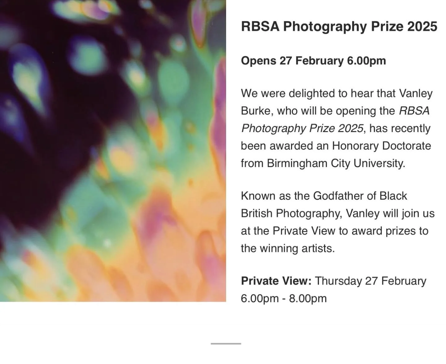 🙏🏻 to @rbsagallery for featuring my work on their latest newsletter! The RBSA Photography Prize 2025 opening Private View is next Thursday 27th February 6-8pm. Looking forward to seeing the exhibition which runs until 22nd March. 

#photographypriz