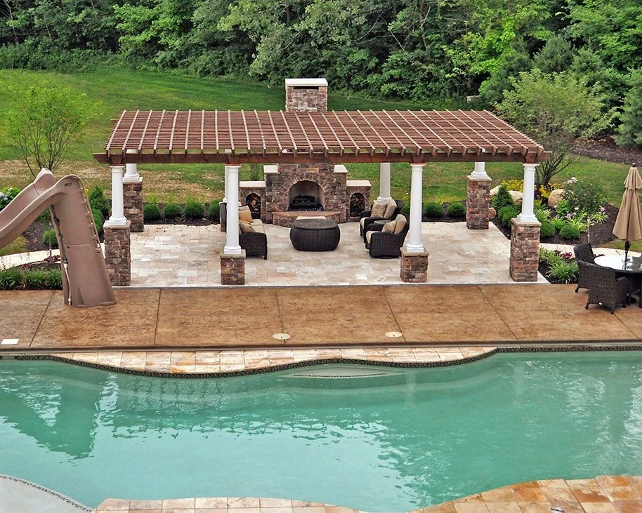 Custom Tuscan Pergola with Outdoor Fireplace