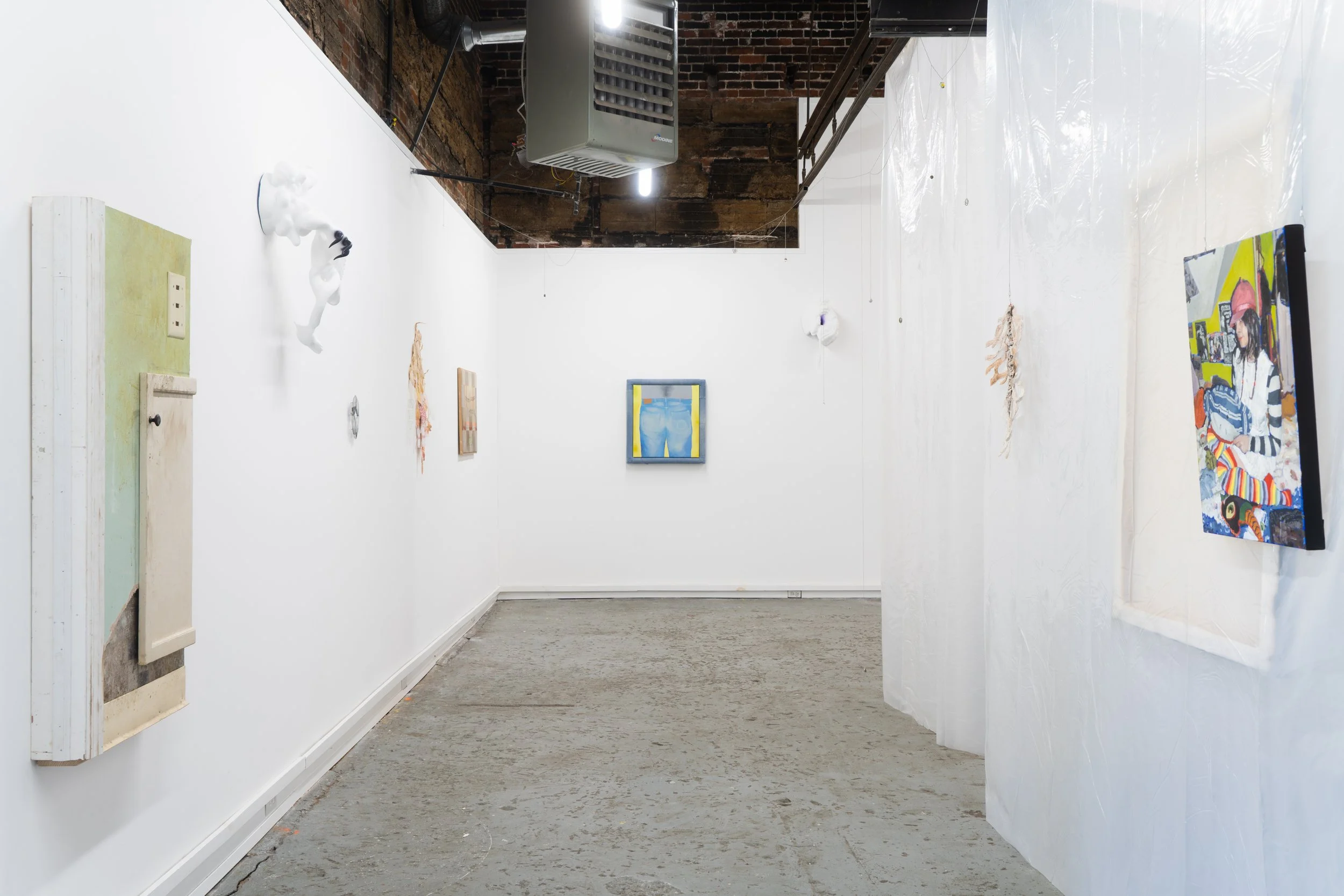 Installation of Butt outgrow the rings of days a-younger, 2024, Acrylic on Canvas in Denim Frame, 25" x 27" at The Buffalo Institute for Contemporary Art