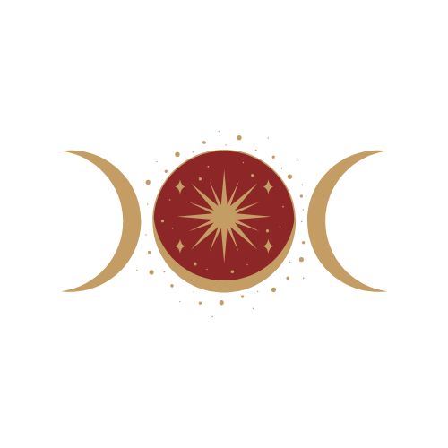 A graphic of moon phases surrounding a sun or star with radiating lines, set against a black background.