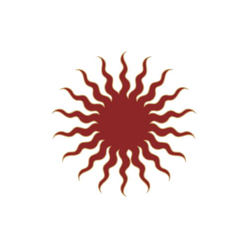A stylized sun with wavy rays in shades of brown and beige on a black background.
