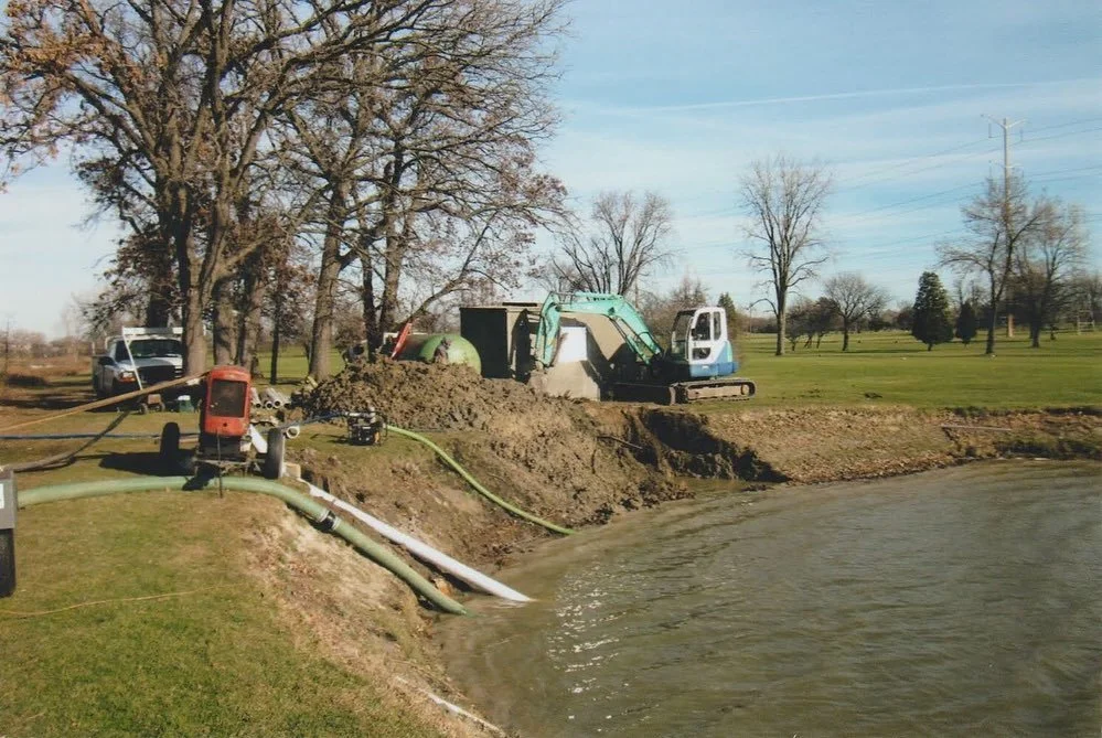 In order to install this pump station, we first had to drain the pond to put in the suction&nbsp;line.&nbsp;Once in place, the water is channeled into the nearby pump house where it is prepared and redirected to irrigate the rest of the&nbsp;fairway.
