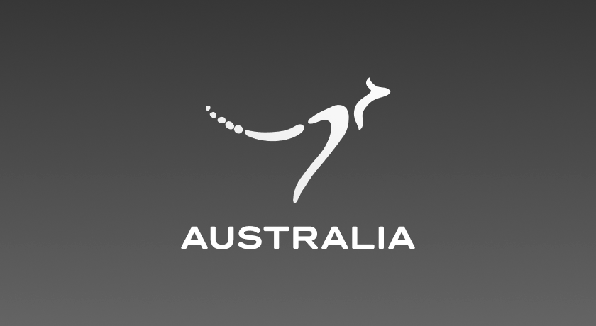 The image shows a stylized outline of a kangaroo with a dashed tail, above the word "Australia," all on a gray background.