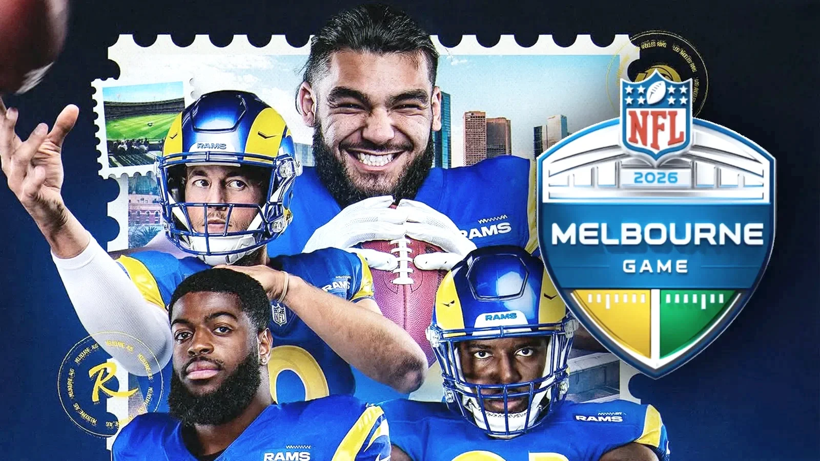 Promotional graphic for the 2026 NFL game in Melbourne featuring four football players in blue and yellow uniforms, a large trophy, a football, and a cityscape background.