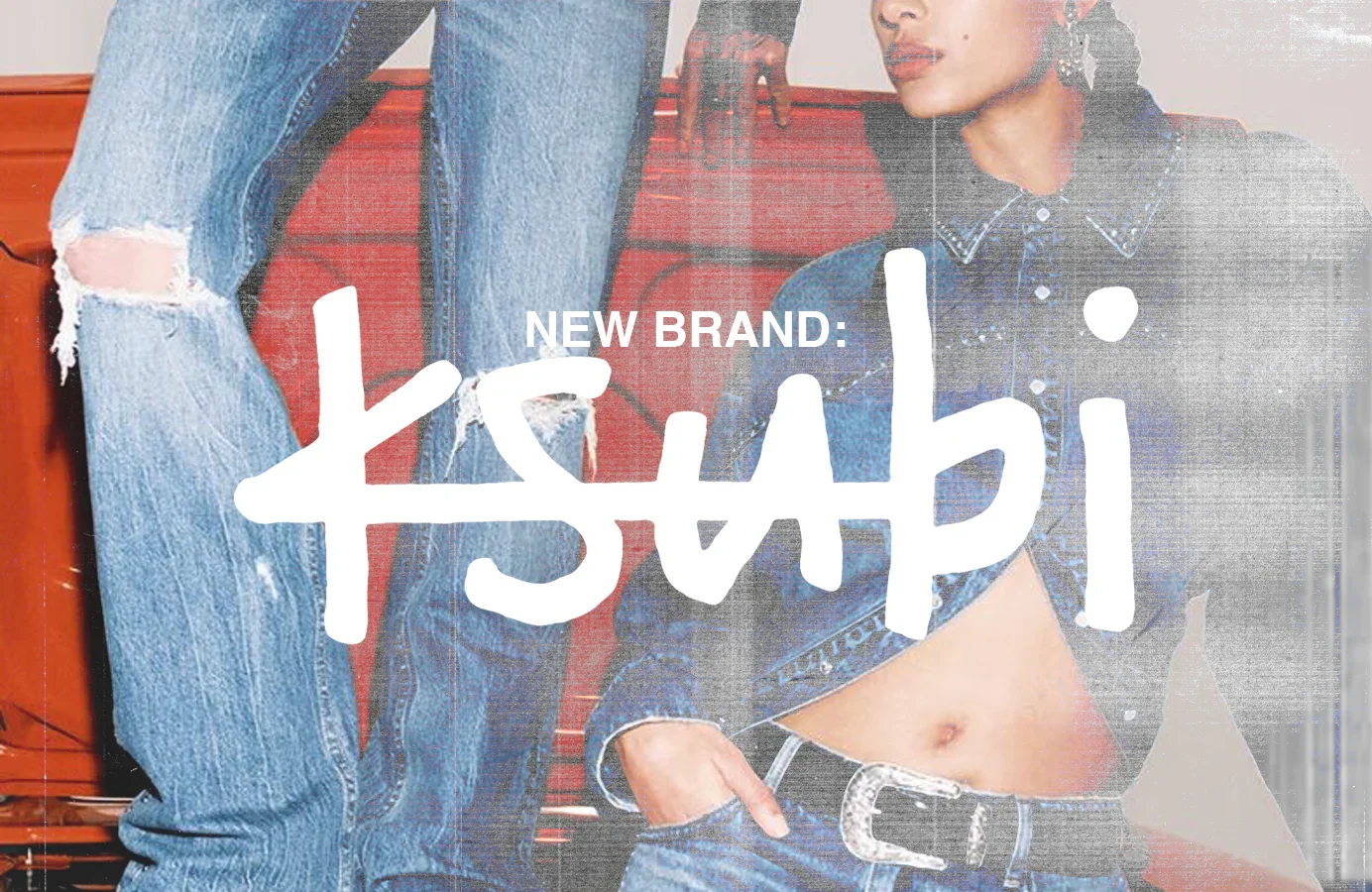 A fashion advertisement showing a woman in a denim jacket and matching pants with a denim belt, and a man dressed in ripped jeans and a denim shirt, with the text 'New Brand: Kaki' overlaid.