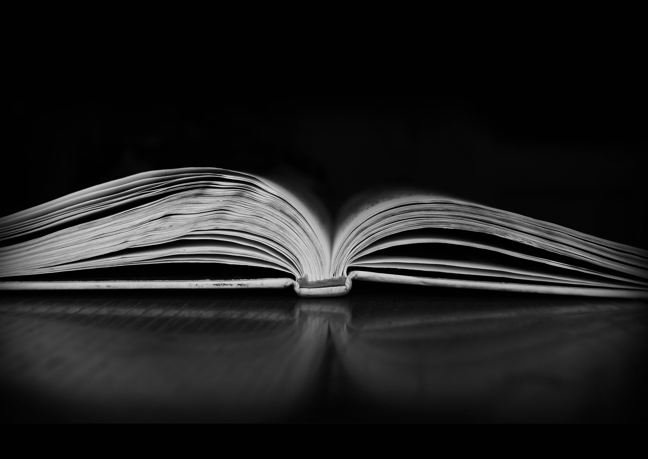 Open book on a dark surface, black background, black and white photo with a focus on the pages, creating an abstract symmetrical shape.