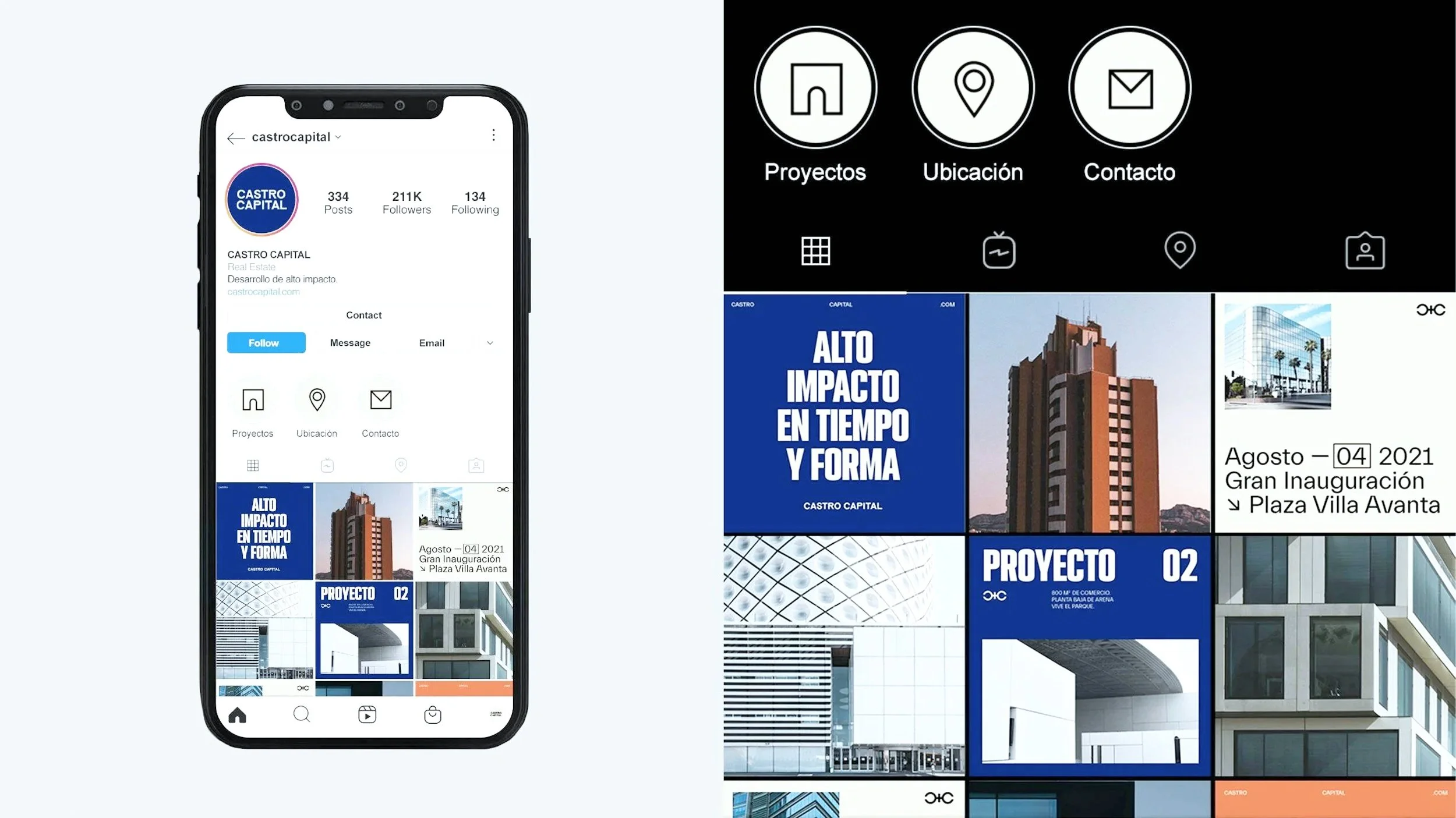 Instagram profile page of CASTRO CAPITAL with 334 posts, 211K followers, 134 following, and a grid of architectural projects in blue, white, and gray tones, featuring modern buildings and promotional images for construction projects.