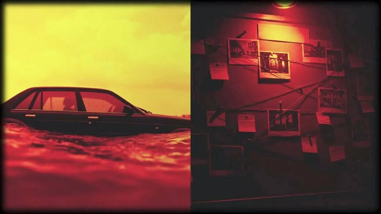 A split-image showing a black car on water with a yellow background on the left, and an indoor gallery with photos on the right, illuminated by red lighting.