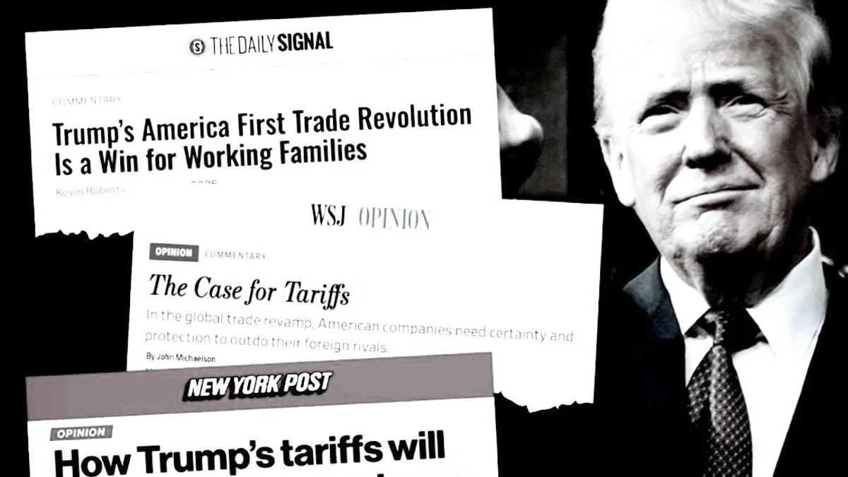 Black and white image of a smiling former President Donald Trump alongside newspaper articles about Trump's trade policies and tariffs.