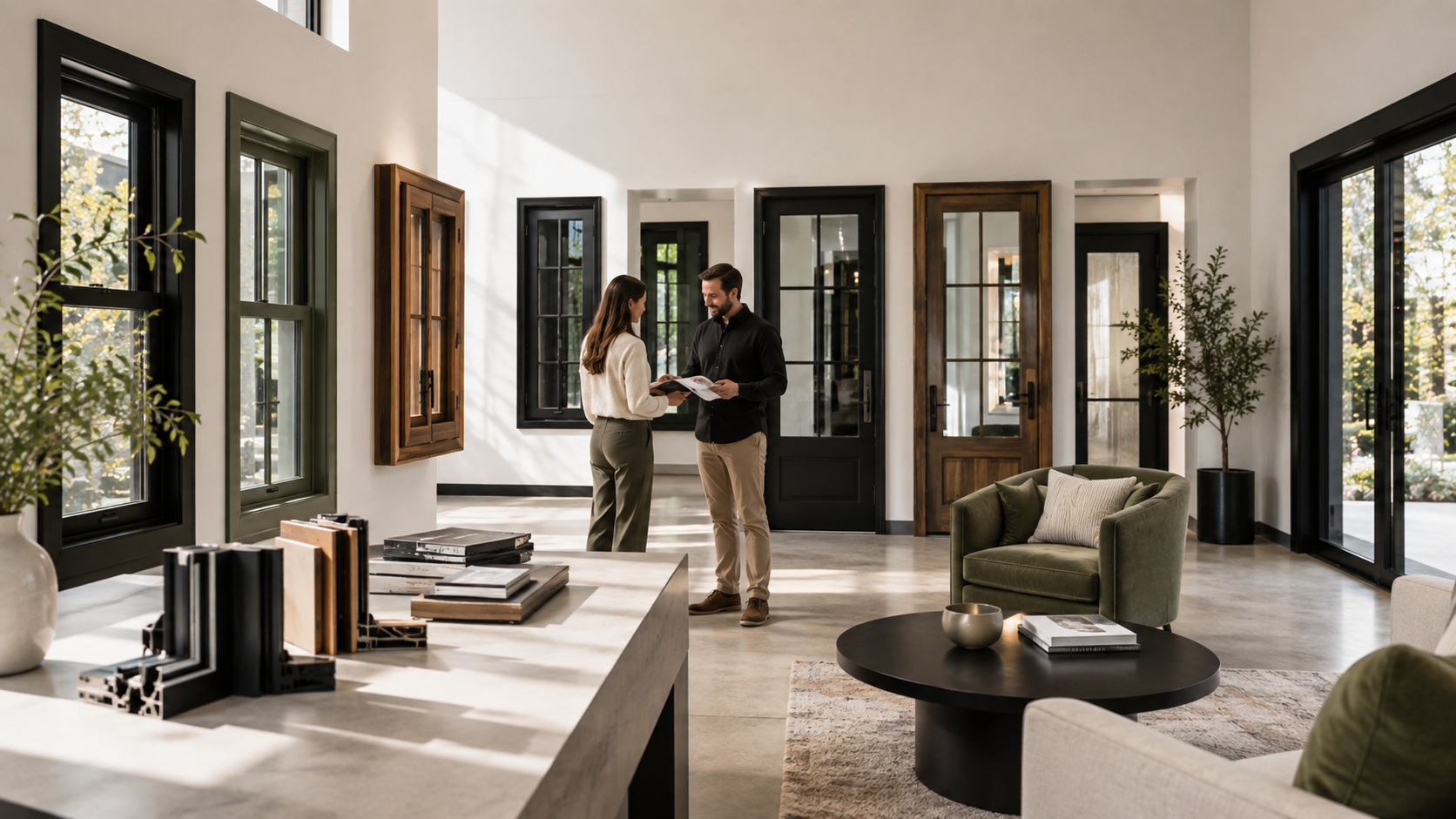 A couple standing in a modern, well-lit living room looking at a magazine together.