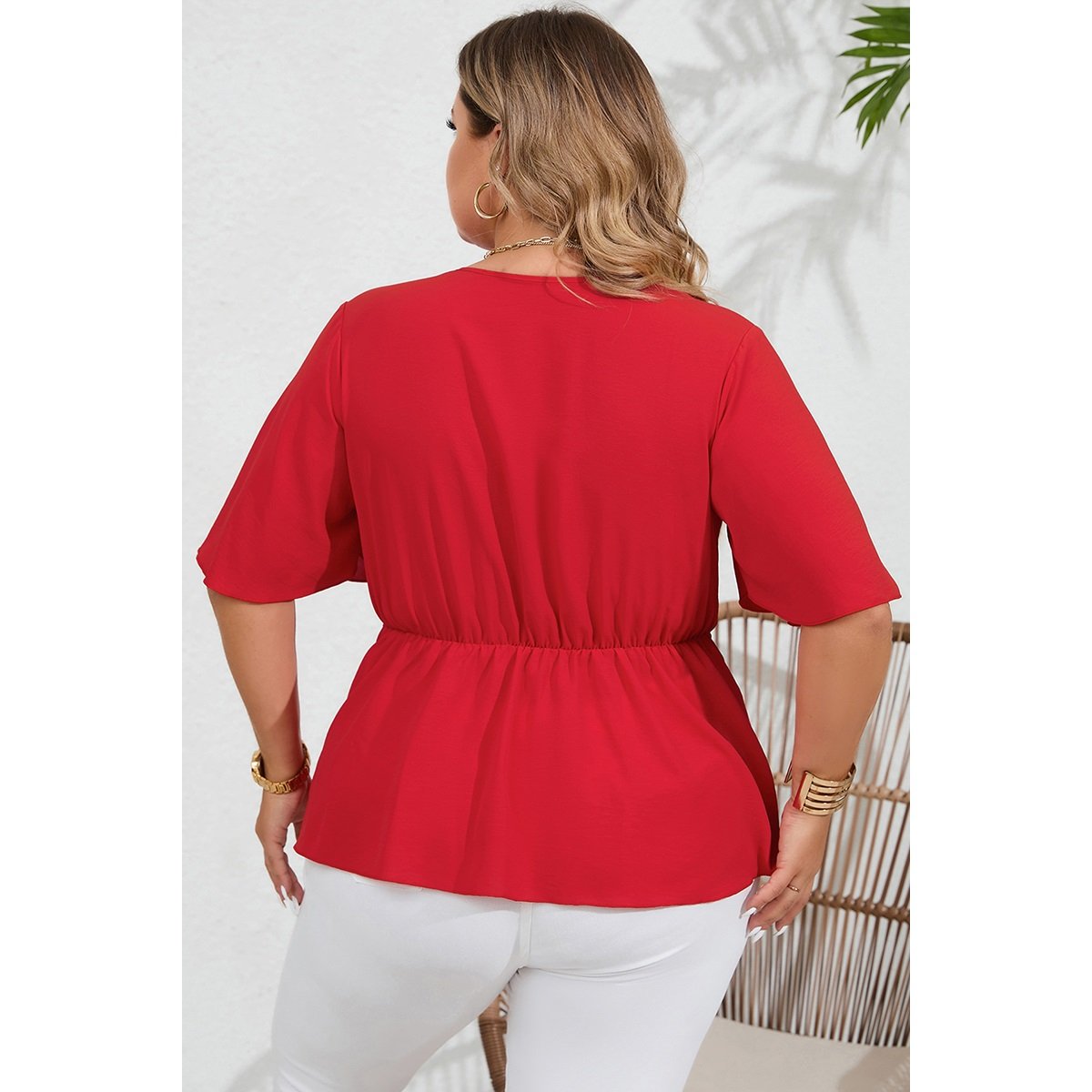 Plus Tie Front Half Button V Neck Solid Blouse.back.jpeg