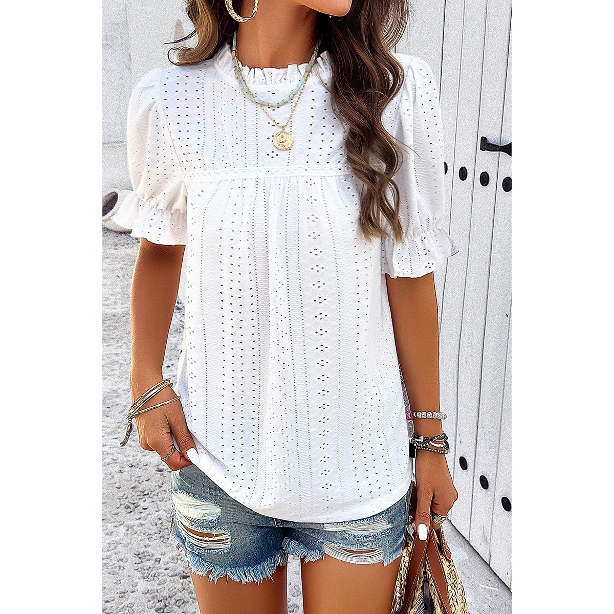 Lace Hollow Out Ruffle Loose Fit Blouse.white.jpeg