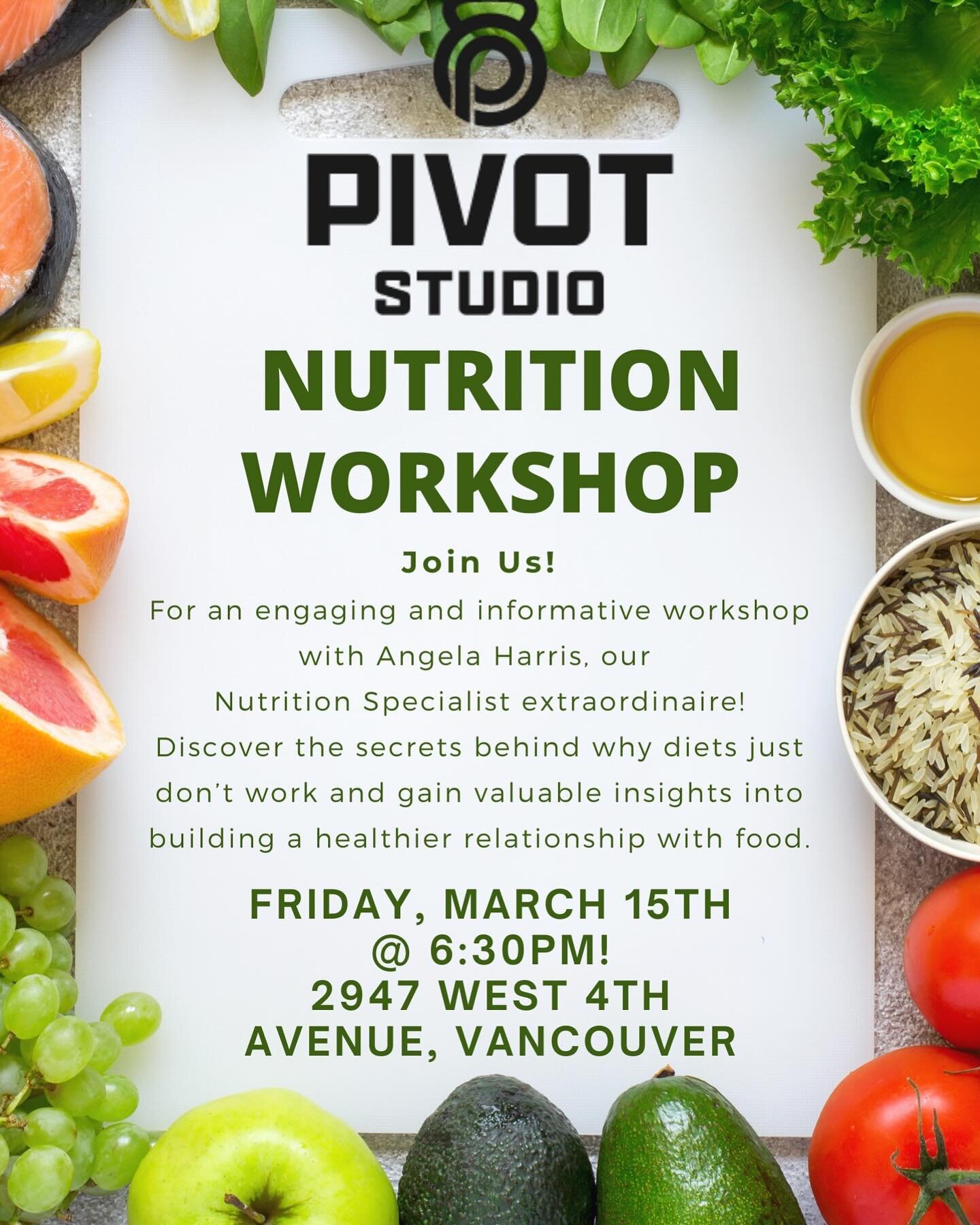 Our first Pivot Gathering&hellip;Friday Mar 15.  6:30pm. Healthy snacks,  Pivot Mocktail, a talk about health, a chance to gather and be with the community.  Angela will debunk diet myths and share practical tips for sustainable, long-term wellness. 