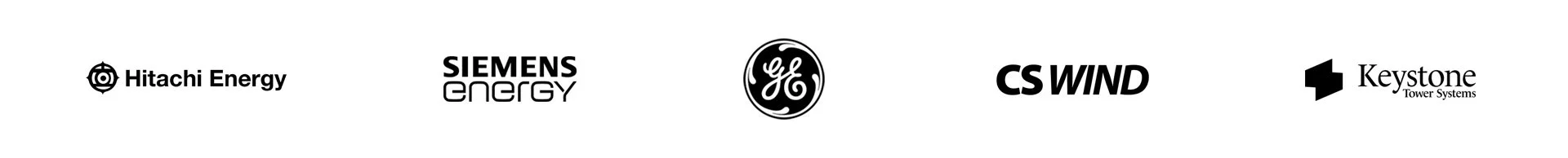 Logos of Hitachi Energy, Siemens Energy, General Electric, CS Wind, and Keystone Tower Systems arranged in a horizontal row on a white background.