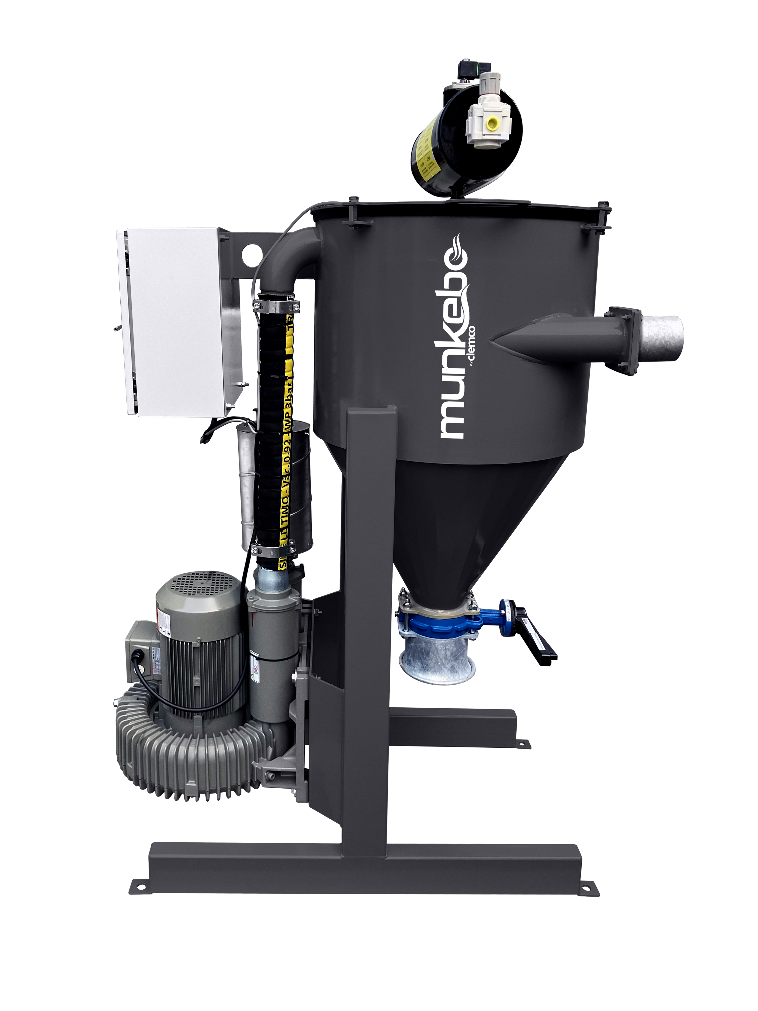 Industrial machine with a black and gray color scheme, labeled 'munkebl' on the side, featuring various pipes, a motor, and a digital display, set against a black background.