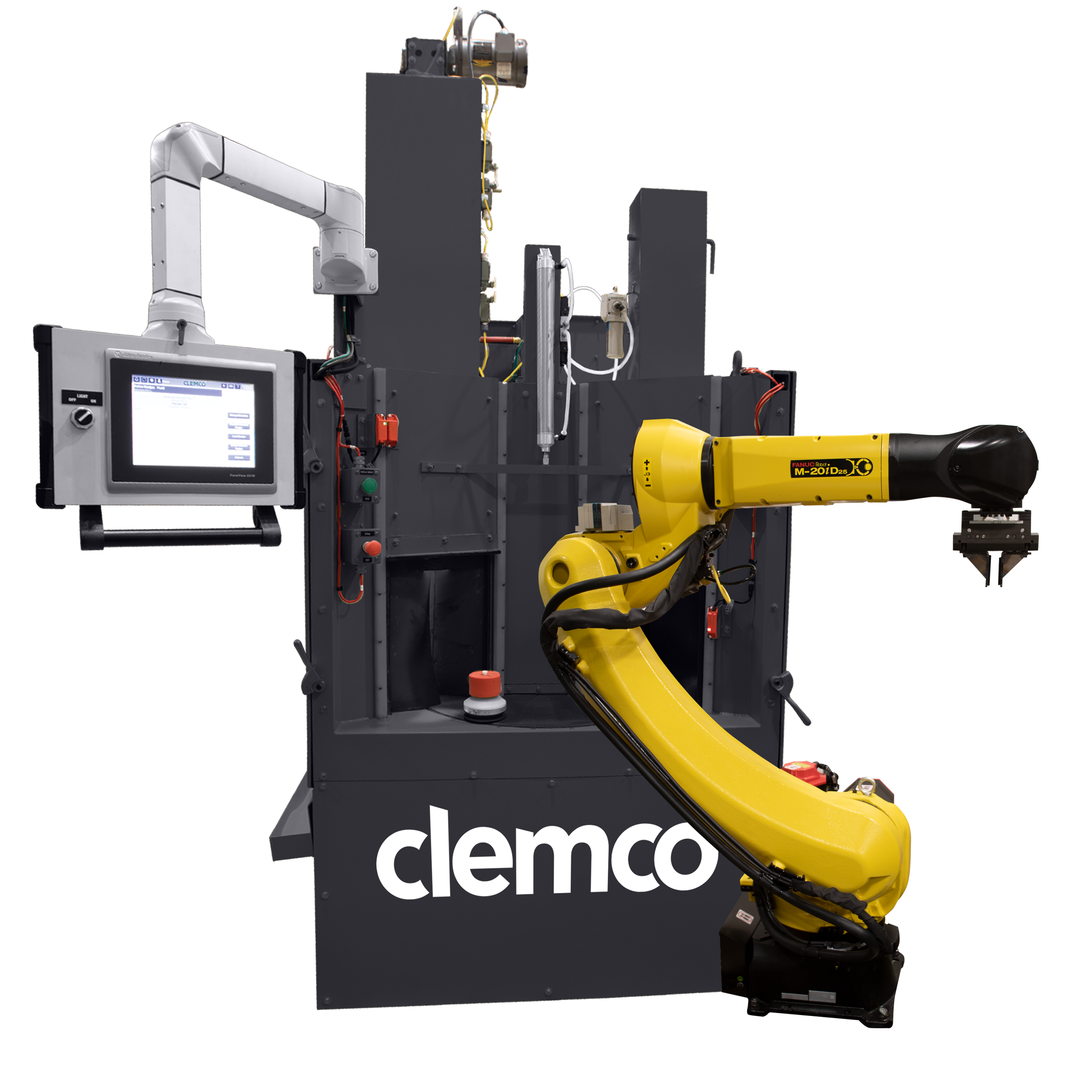 An automated A-200 blast cabinet with an Allen-Bradley HMI display screen and a robotic picking arm made by Fanuc