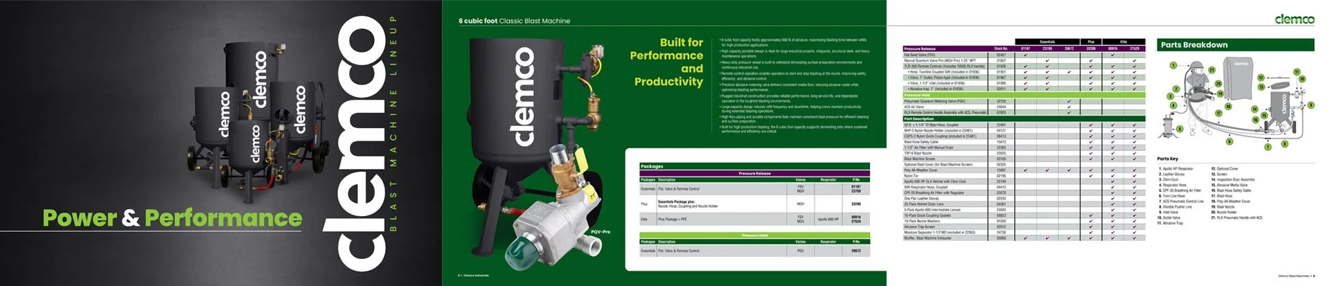 Abrasive Blast Machine Packages Brochure Cover with blast machines and charts