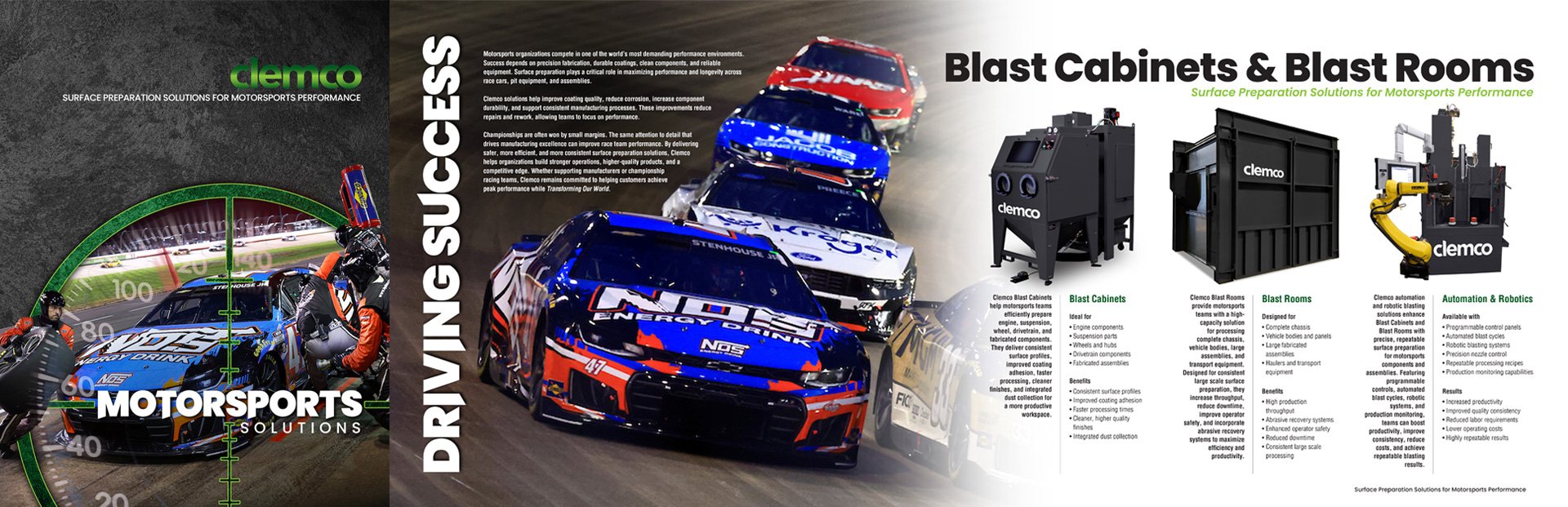 Motorsports Solutions Brochure highlighting Racing and Abrasive Blasting Cabinets, Blast Rooms and Automation