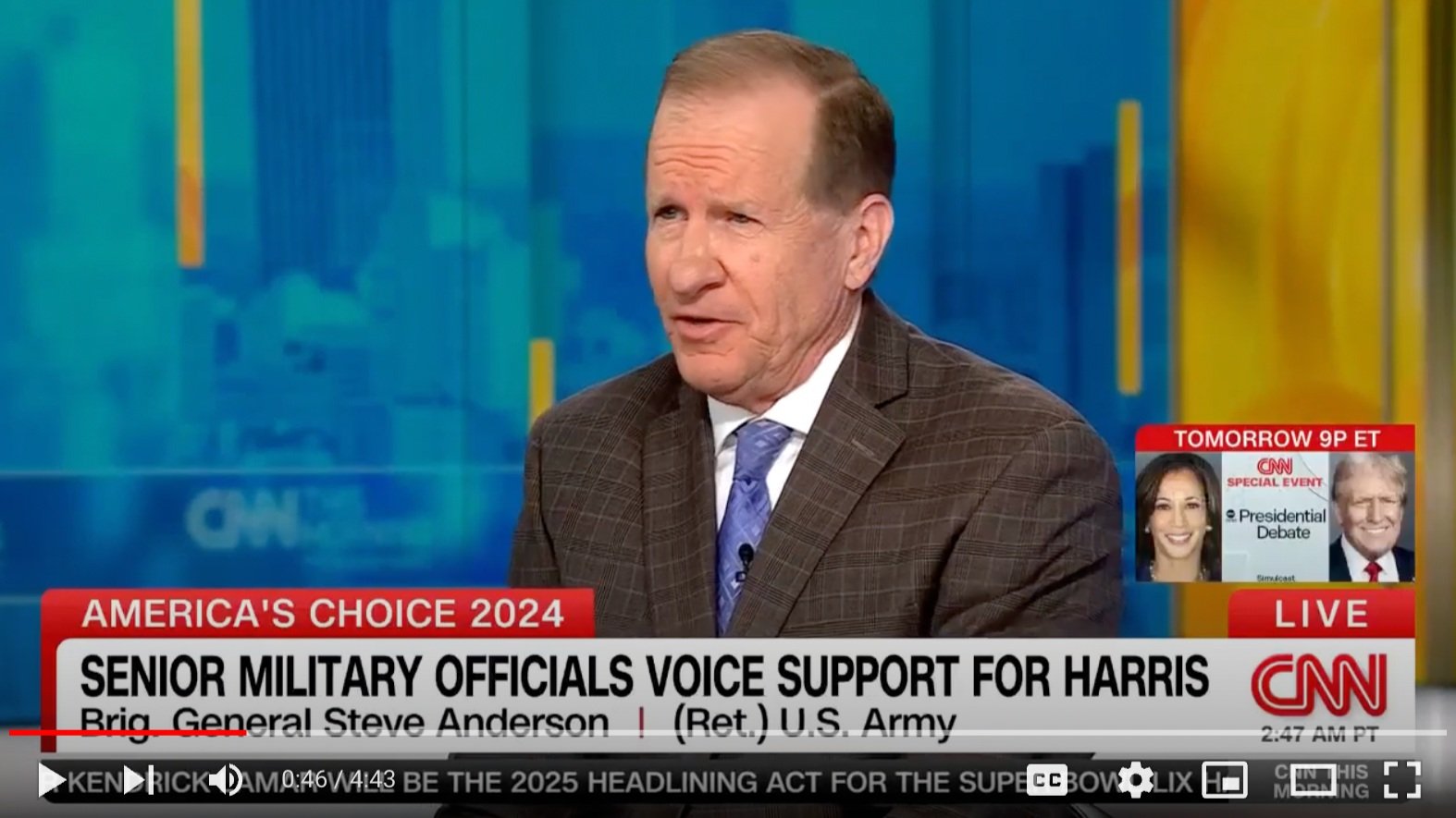 General Anderson on CNN This Morning Discussing Military Officials' Support for VP Harris