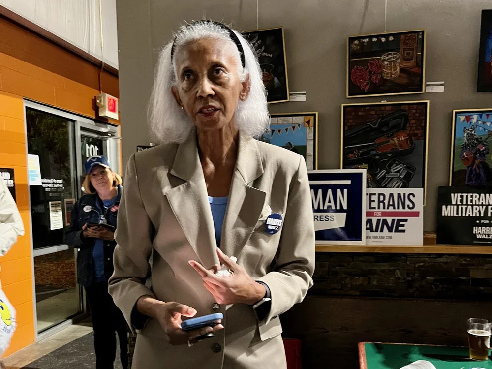  Former Ambassador Courville discussing the dangers of Project 2025 at a campaign event in VA-7 supporting Eugene Vindman for Congress 