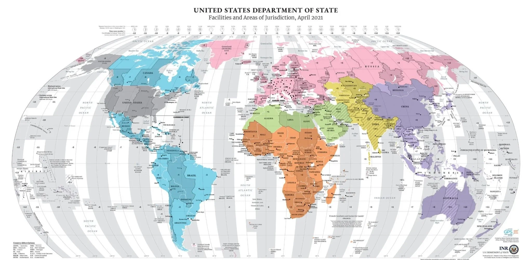 Map of U.S. Department of State facilities and areas of jurisdiction worldwide, April 2021. Source: U.S. Department of State Magazine (statemag.state.gov)