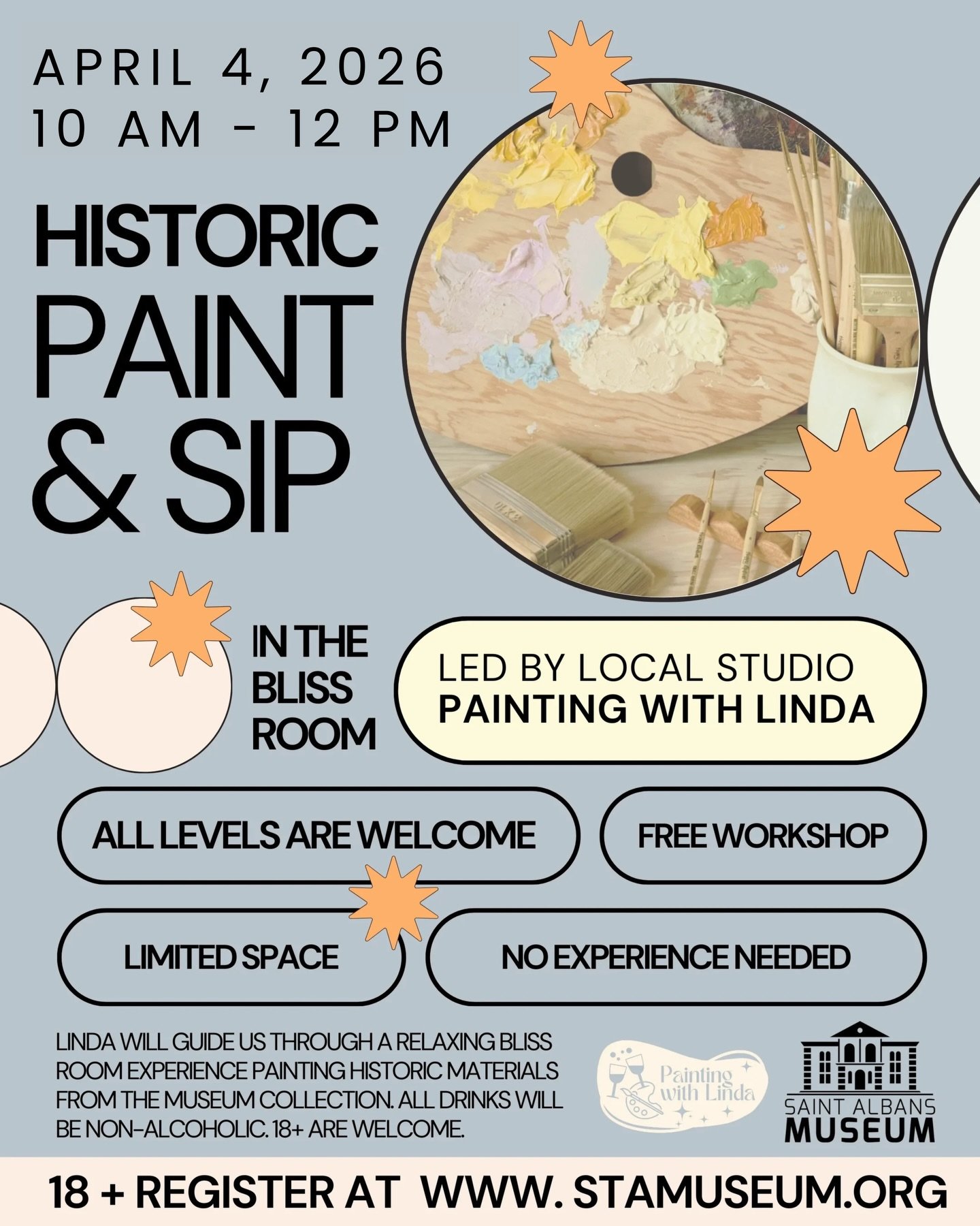 Free Workshop this Saturday! Hosted by SAM and guided by Painting With Linda, this morning gathering is a great way to relax, try your hand, and meet some new people in a cozy, creative environment. The event is free and geared toward 18+ adult audie