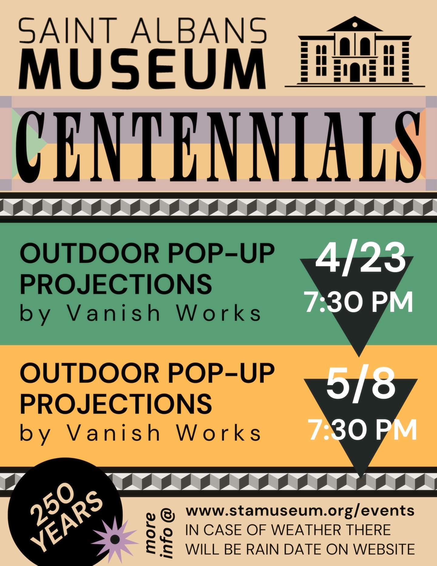 In honor of the 250th of the USA, we are partnering with Downtown Saint Albans &amp; Vanish Works Experience Design to offer a series of CENTENNIALS events. Check out these pop up projections that offer a sneak peak at the upcoming exhibit Centennial