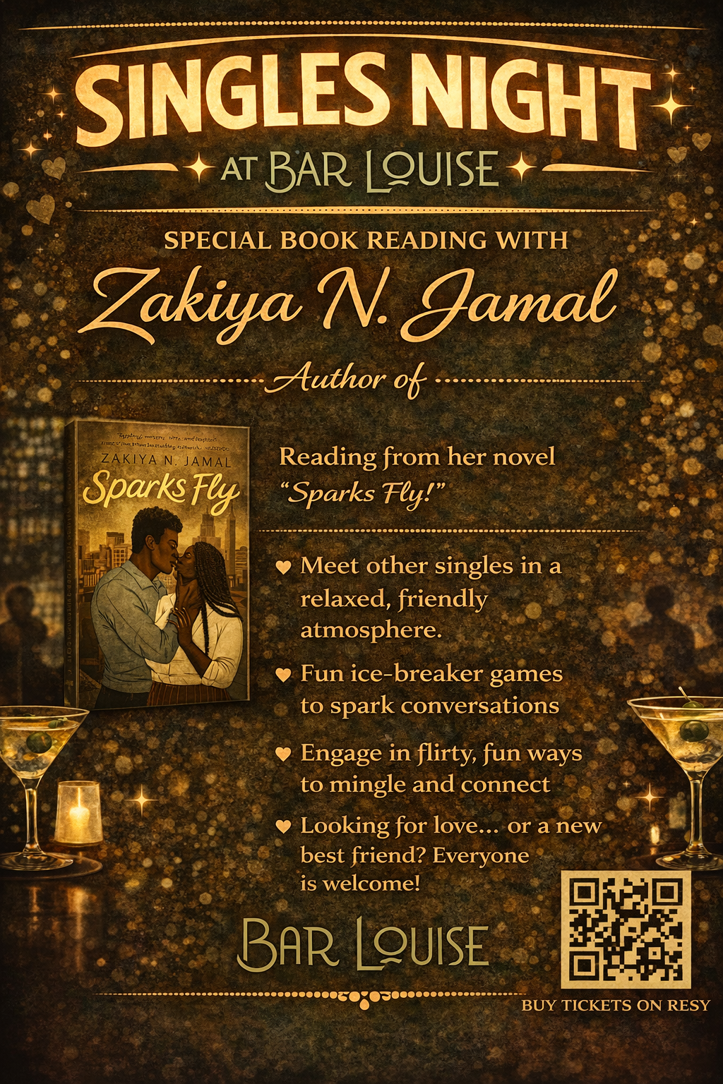 Event poster advertising Singles Night at Bar Louise featuring author Zakiya N. Jamal reading from her novel Sparks Fly, with information about the event and a QR code for tickets, surrounded by a glittery, festive background with champagne glasses and candles.