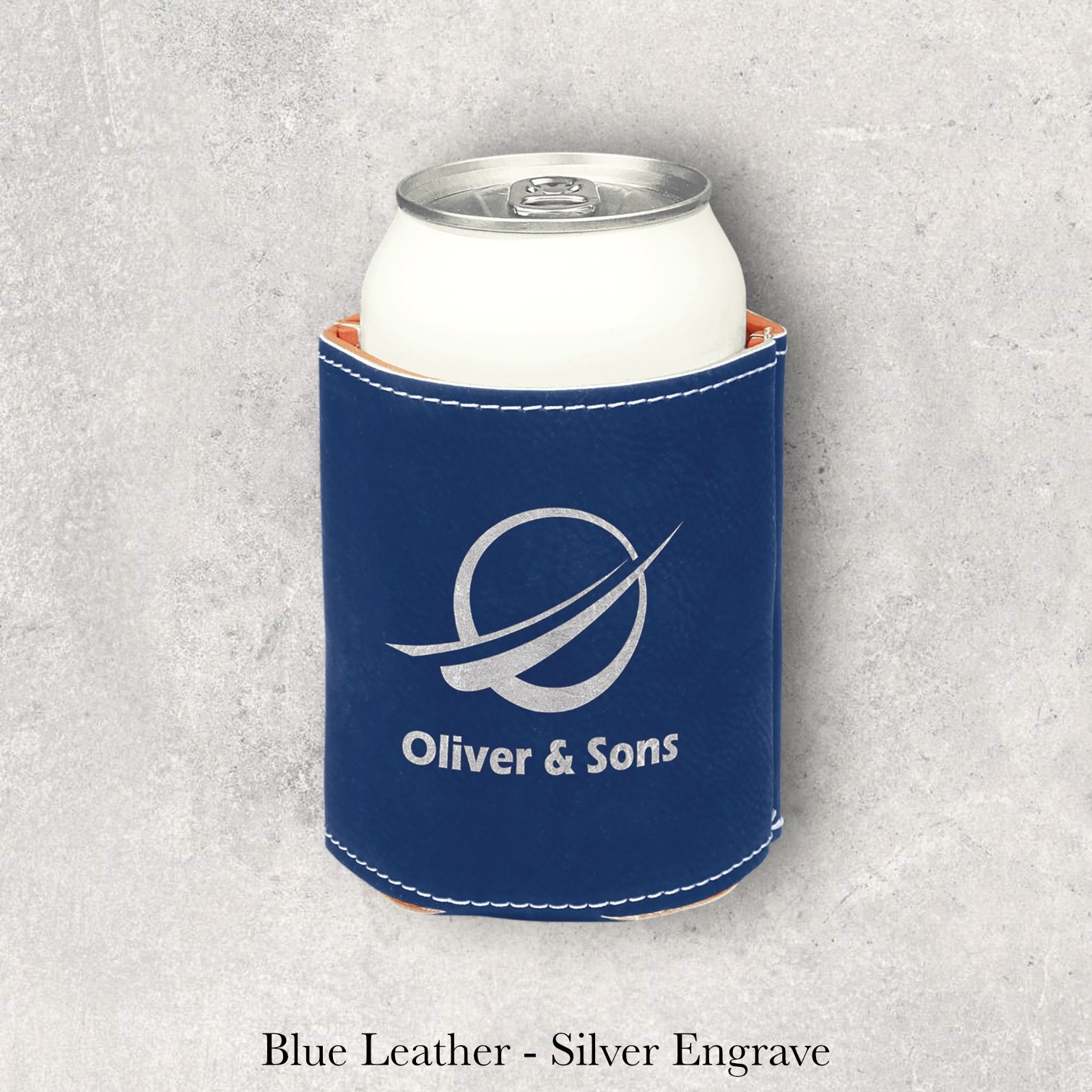 Laser engraved blue leather can coozie with Oliver & Sons logo, engraved by Lazeric