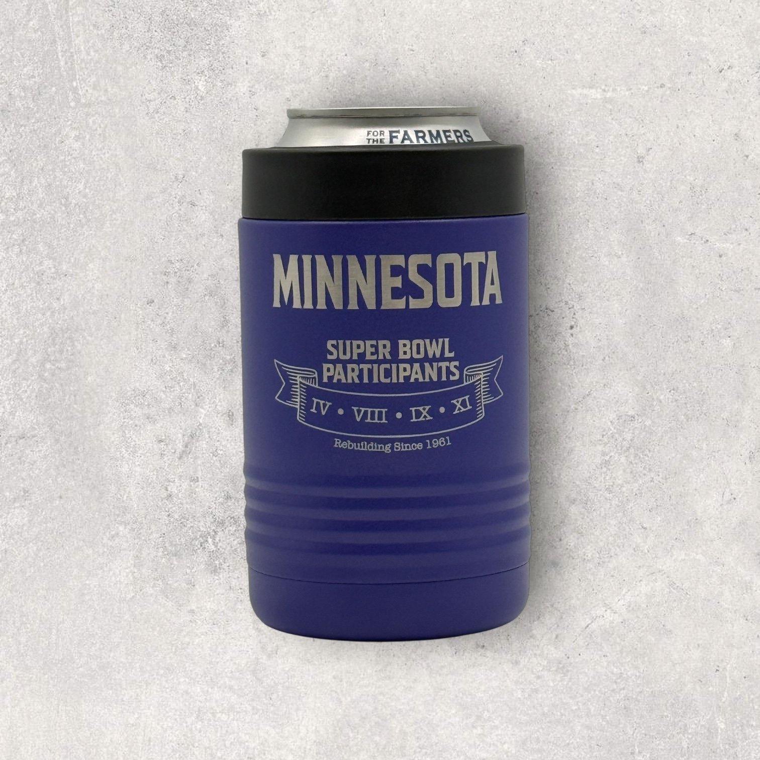 Laser engraved purple metal can holder with Minnesota Super Bowl Participants design and “Rebuilding Since 1961” text