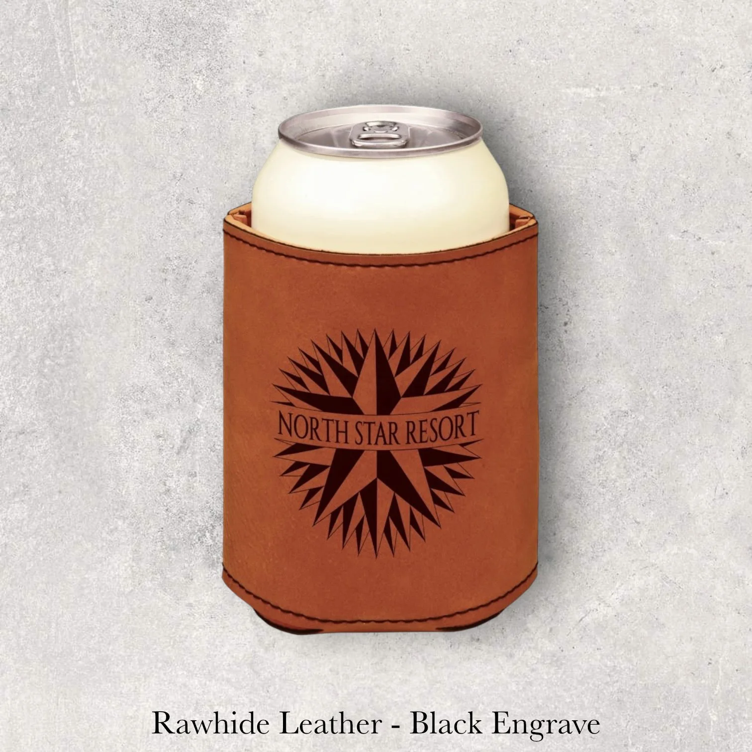 Laser engraved rawhide leather can coozie with North Star Resort logo, engraved by Lazeric