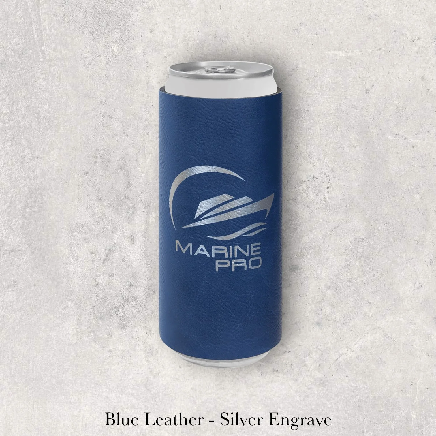 Blue leather slim can coozie with silver laser-engraved Marine Pro logo, engraved by Lazeric