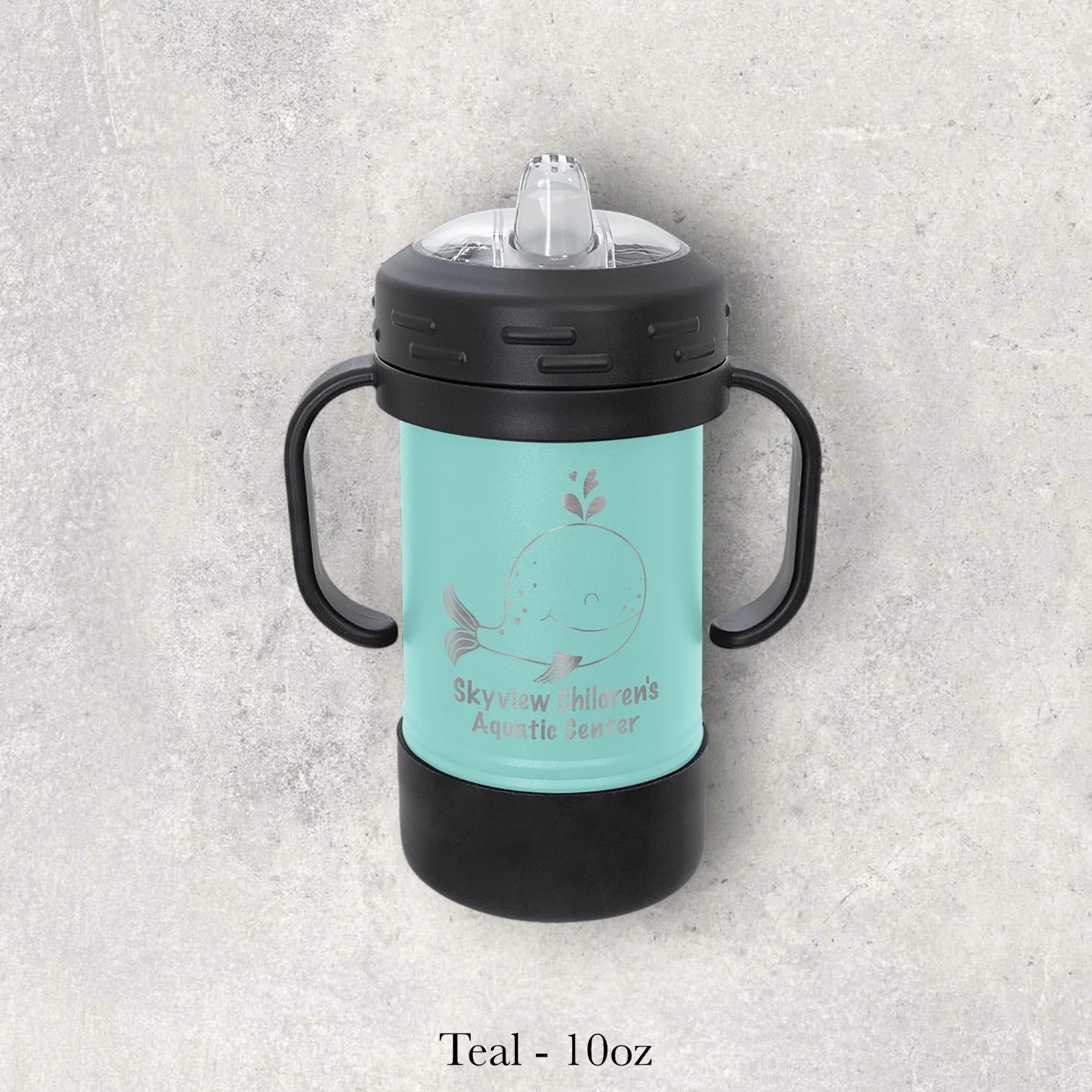 Teal – 10oz metal sippy cup engraved with whale illustration and “Skyview Children’s Center” text, custom laser engraved by Lazeric.