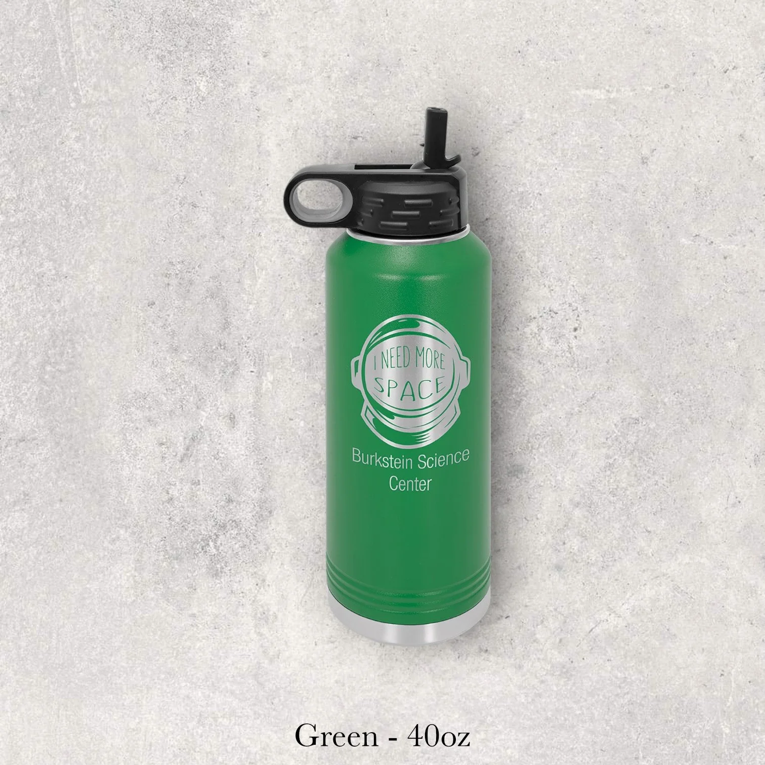 Green 40oz metal water bottle engraved by Lazeric with an educational or institutional seal-style logo.