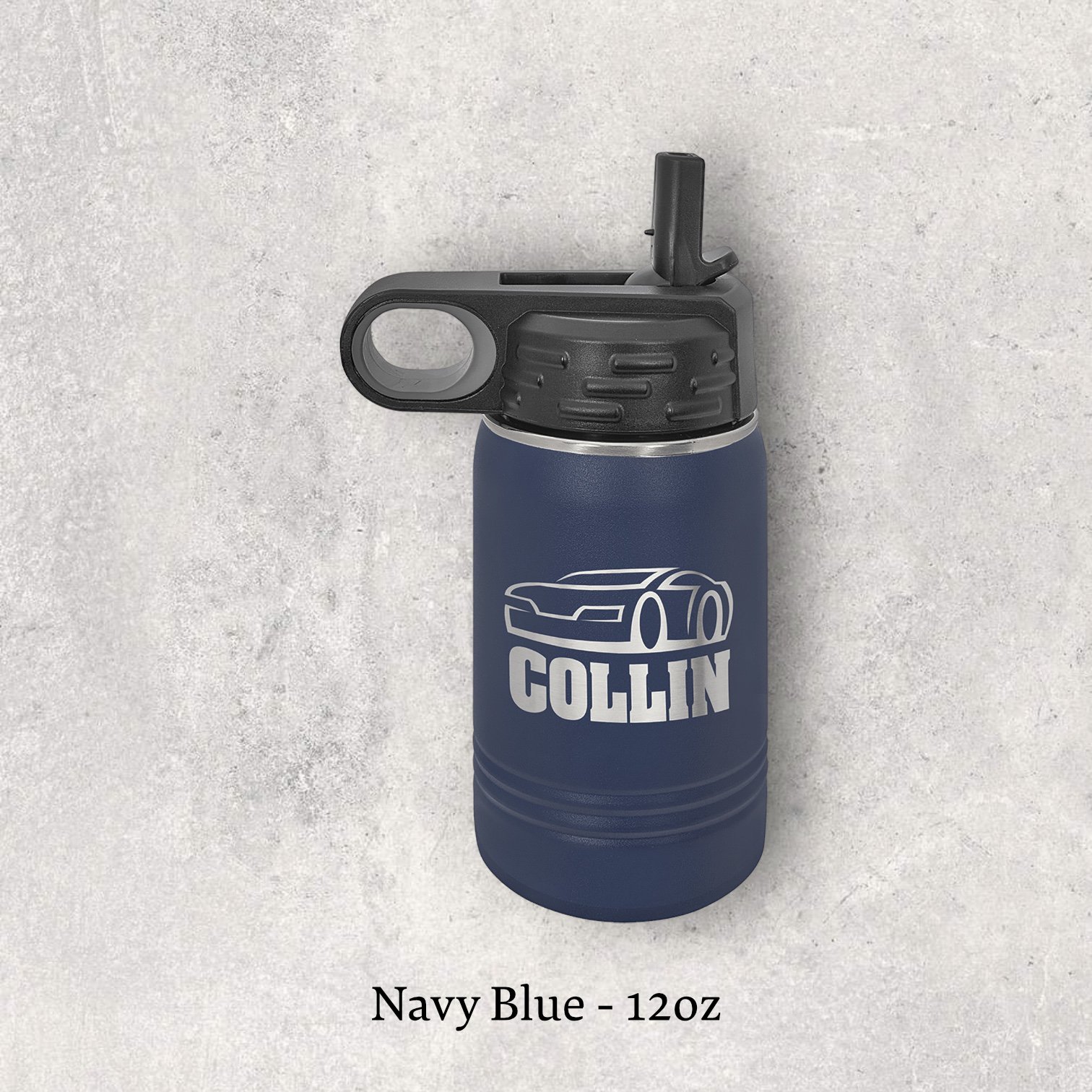 Laser engraved navy blue 12oz stainless steel water bottle with lid – Lazeric