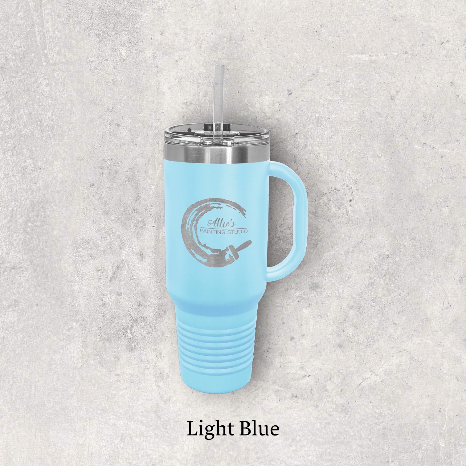Laser engraved 40oz travel mug, light blue color – Lazeric