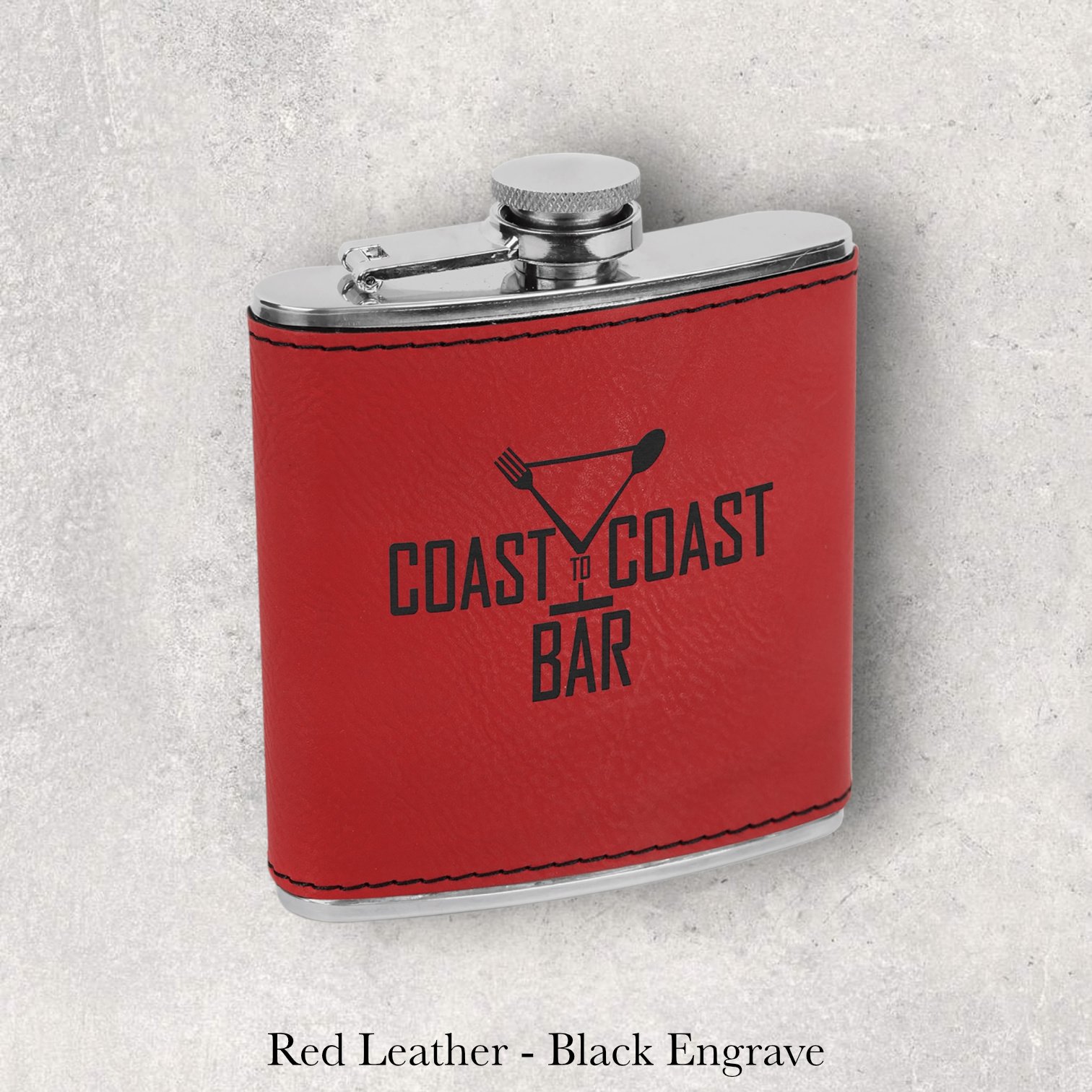 Red leather 6oz flask with Coast to Coast Bar martini logo, black laser engraving, engraved by Lazeric