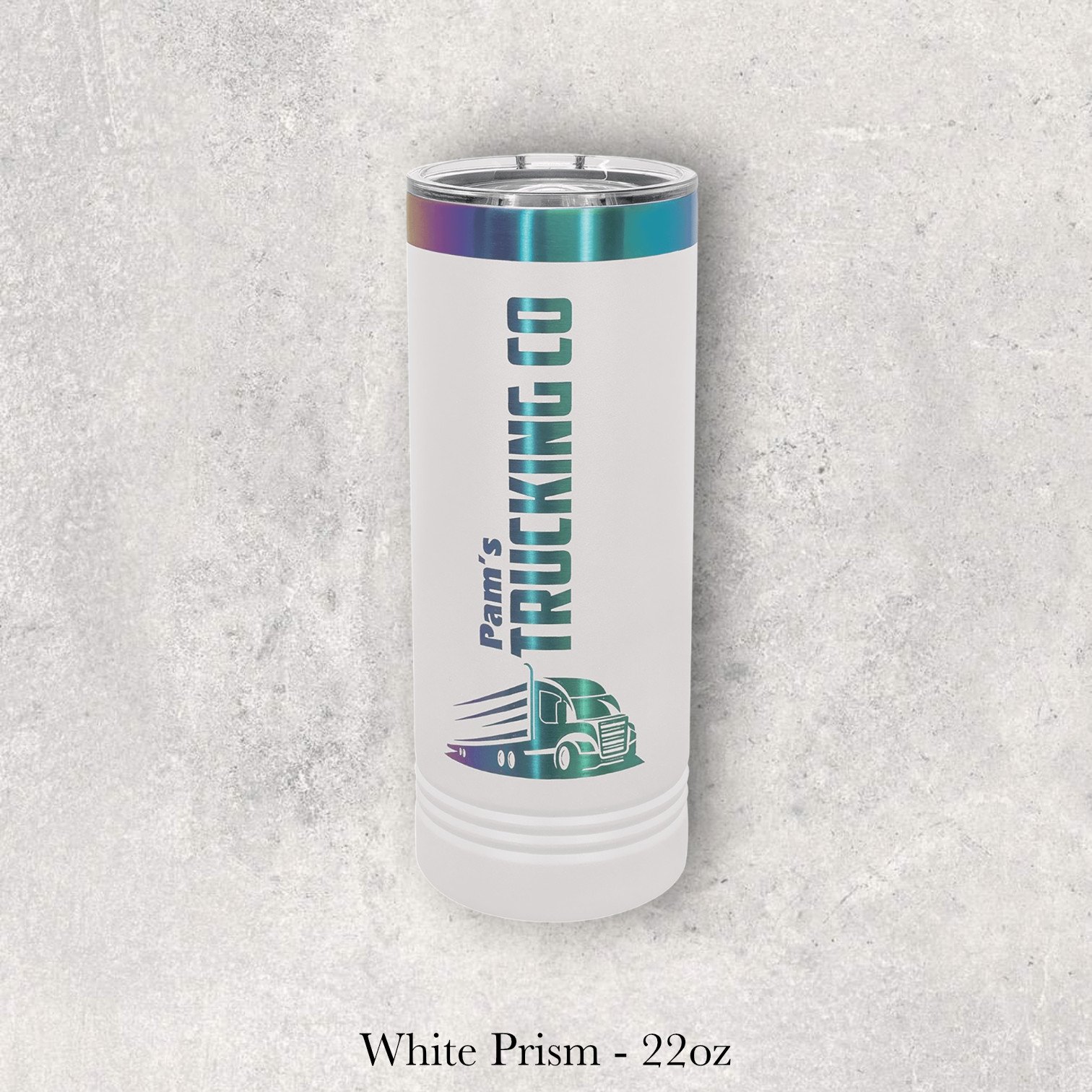 White Prism – 22oz tumbler with Pam’s Trucking logo and semi truck graphic, engraved by Lazeric.
